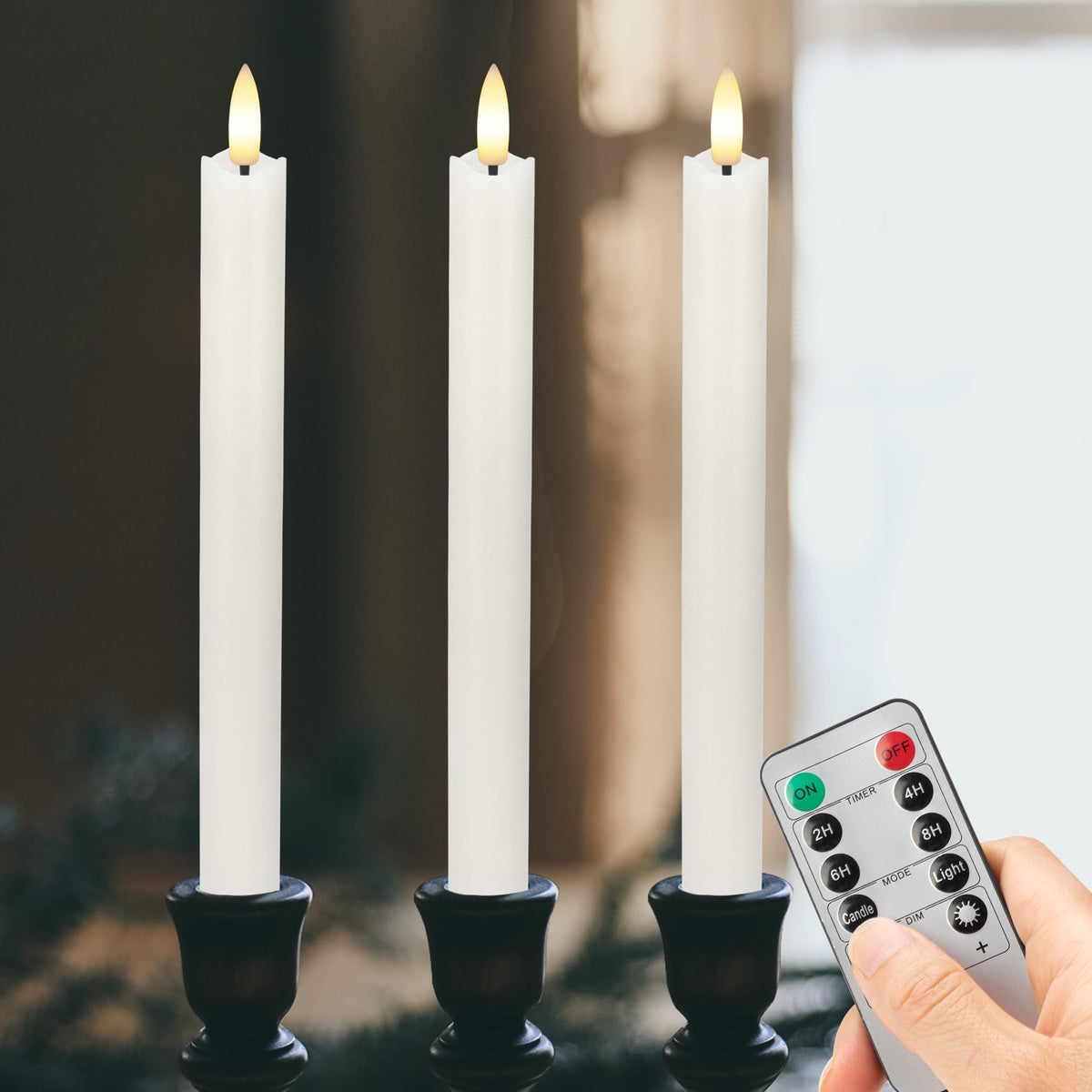 Afineth Flameless Taper Candles With Rmote, 9.6'' Real Wax Battery Operated Candles With 3D Wick, 3 Pack Led Candles Flickering 