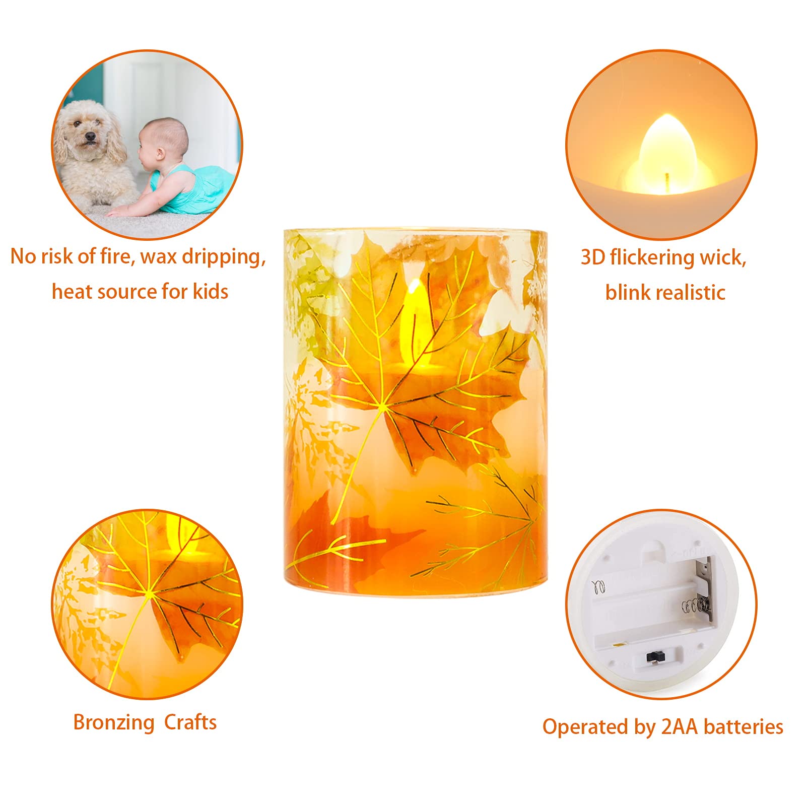 Petristrike Fall Flameless Candles, Autumn Maple Leaf Led Candles With Remote & Timer, Realistic Flickering Real Wax Candles For