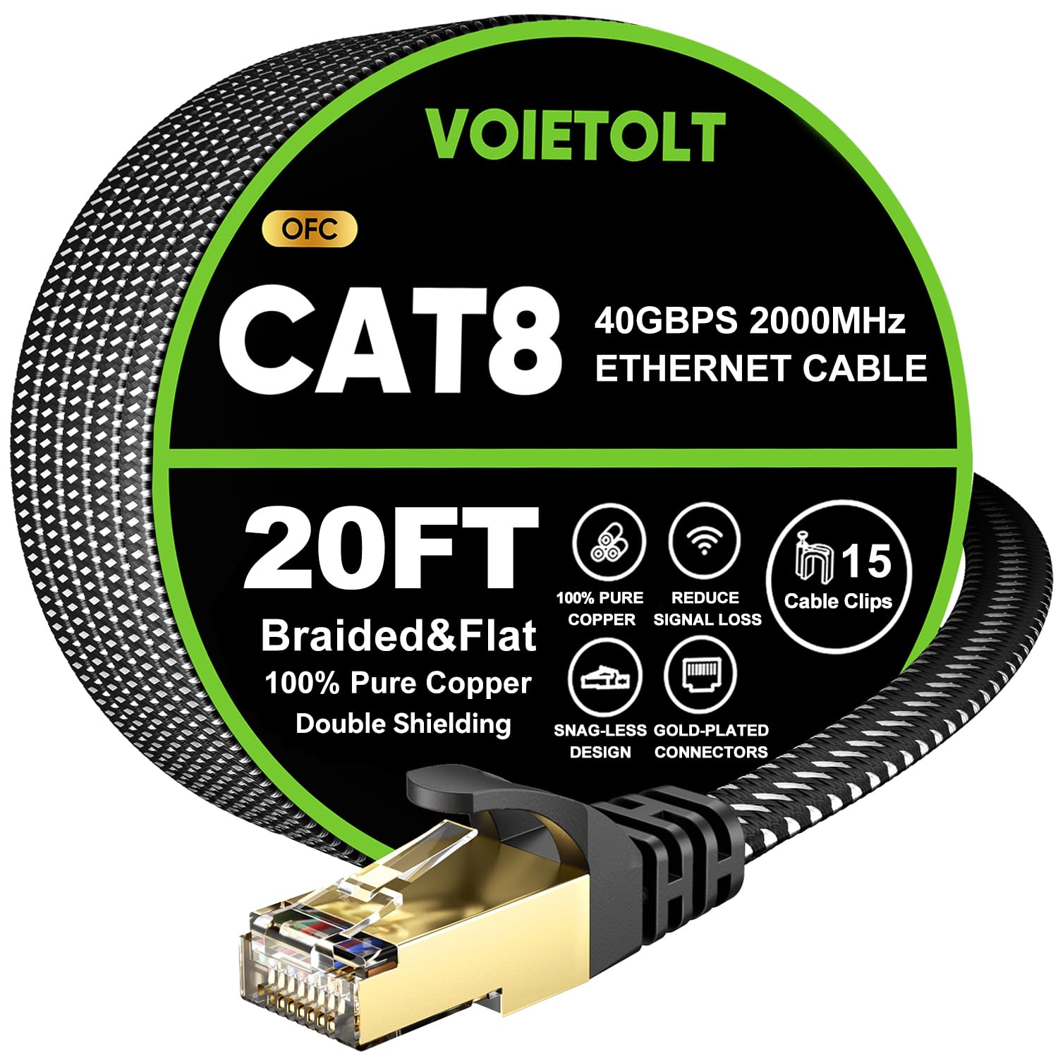 VOIETOLT Cat 8 Ethernet Cable 20 FT Flat, High Speed 40Gbps 2000Mhz Braided Internet Cable with Gold Plated RJ45 Network LAN Cab