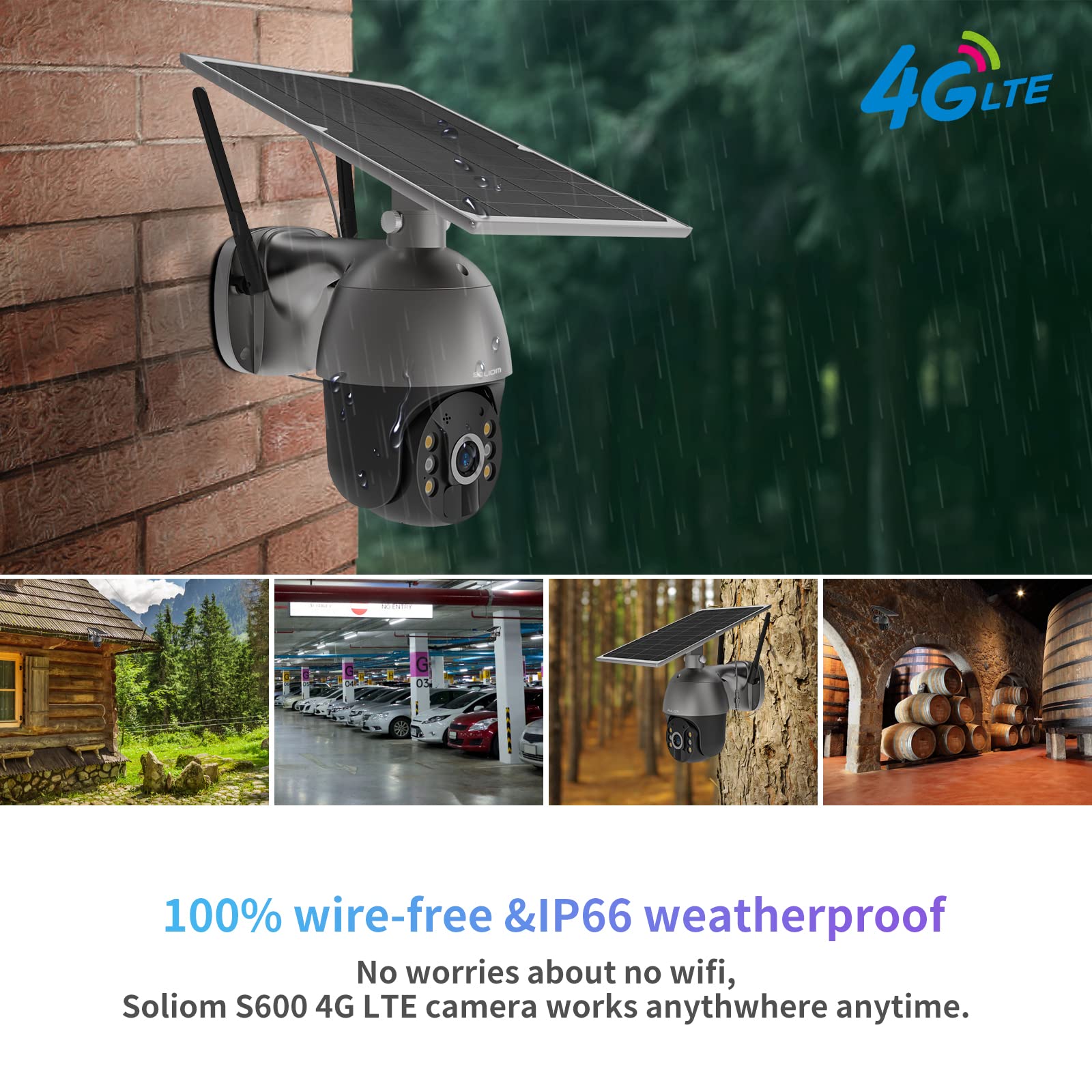 Soliom S600 3G/4G Lte Outdoor Solar Powered Cellular Security Camera Wireless,Pan Tilt 360View Spotlight,1080P Night Vision,2 Wa