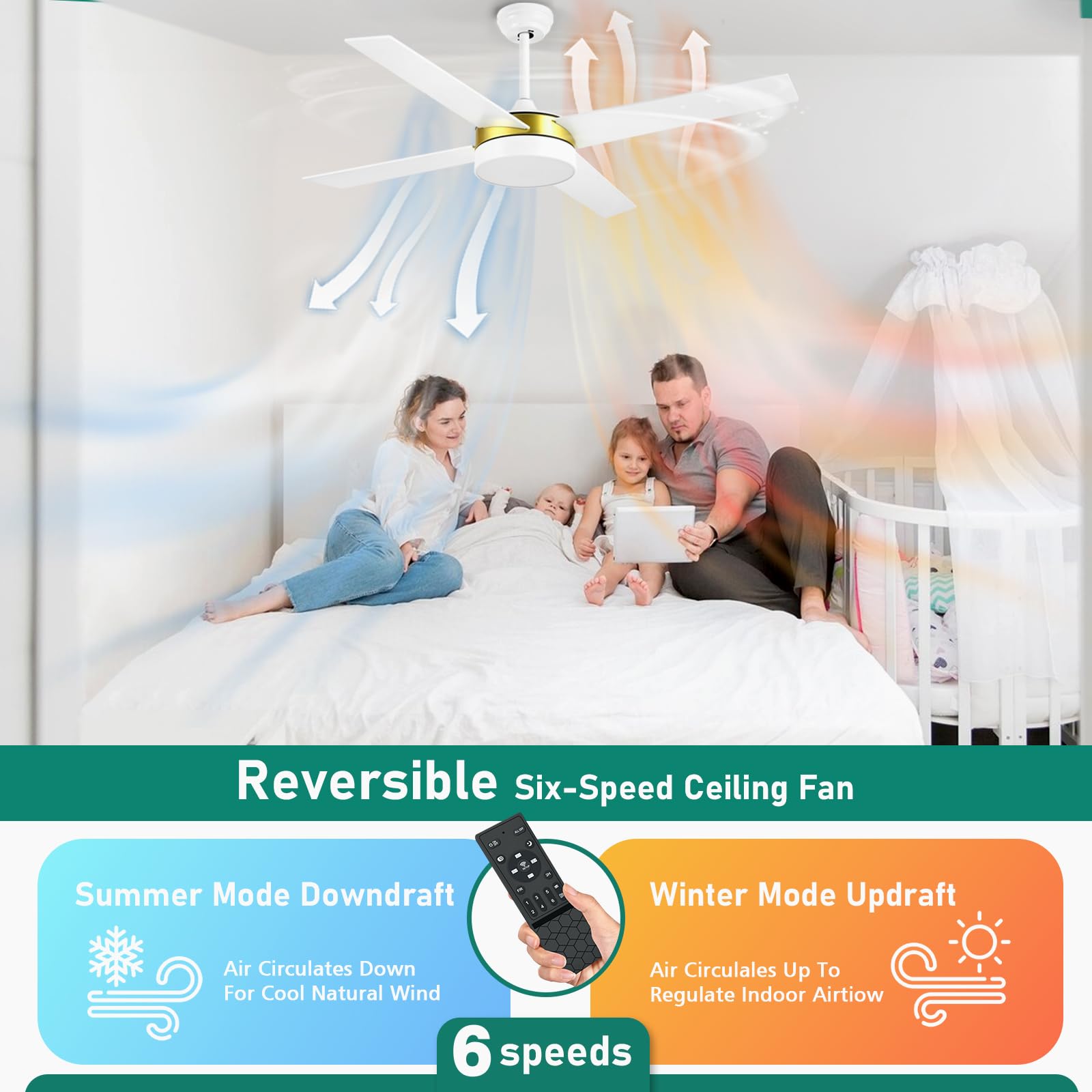 Yitahome 52 Inch White Gold Ceiling Fans With Light And Remote, Dimmable Fan For Indoor Outdoor, Modern Wood Led Fan With Quiet