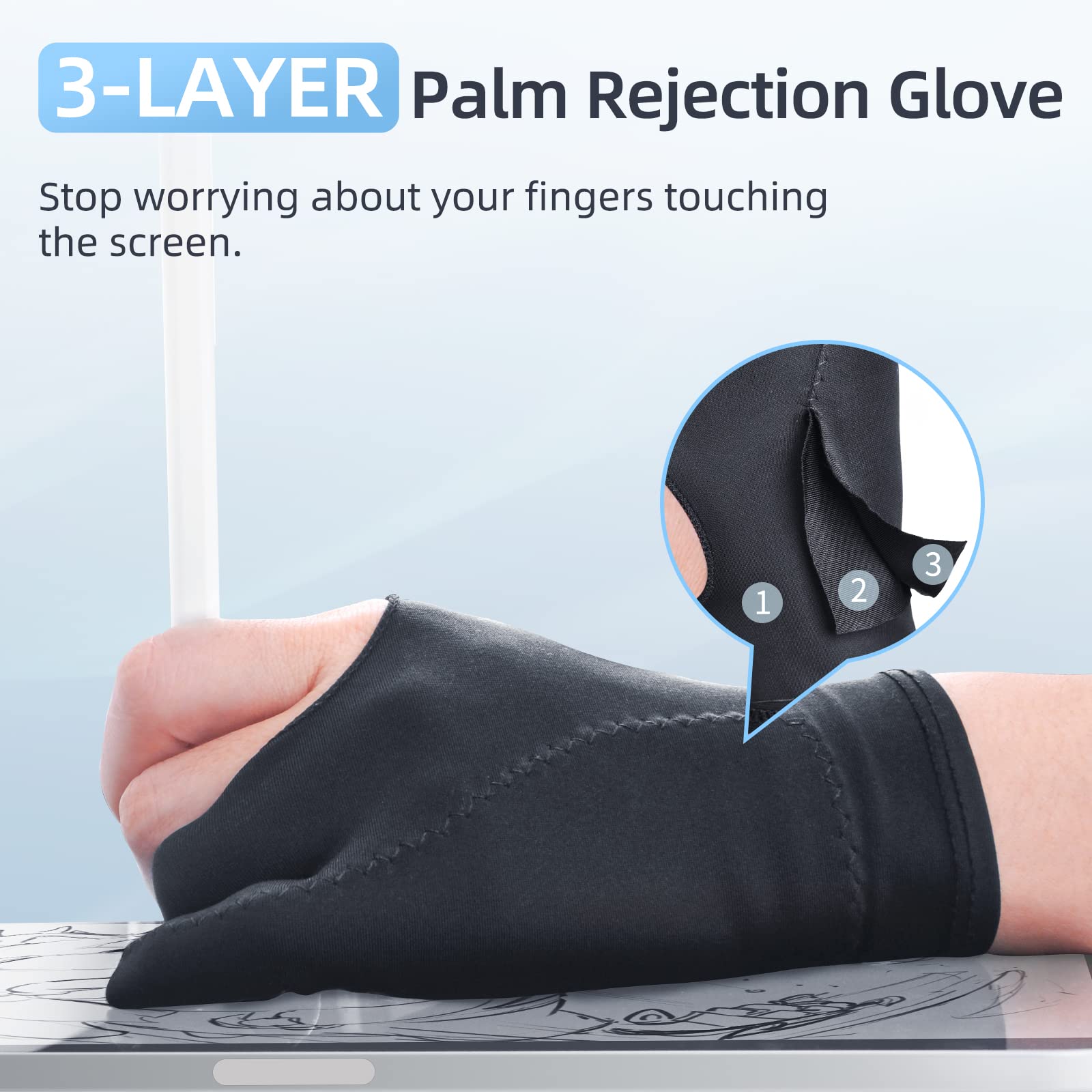 2 Pack Drawing Glove Palm Rejection For Ipad Surface All Capacitive Touch Screen Artist Right/Left Hand Graphic Tablet, Graphics Monitor Digital Drawing Sketching, Inking, Coloring Two Finger Gloves