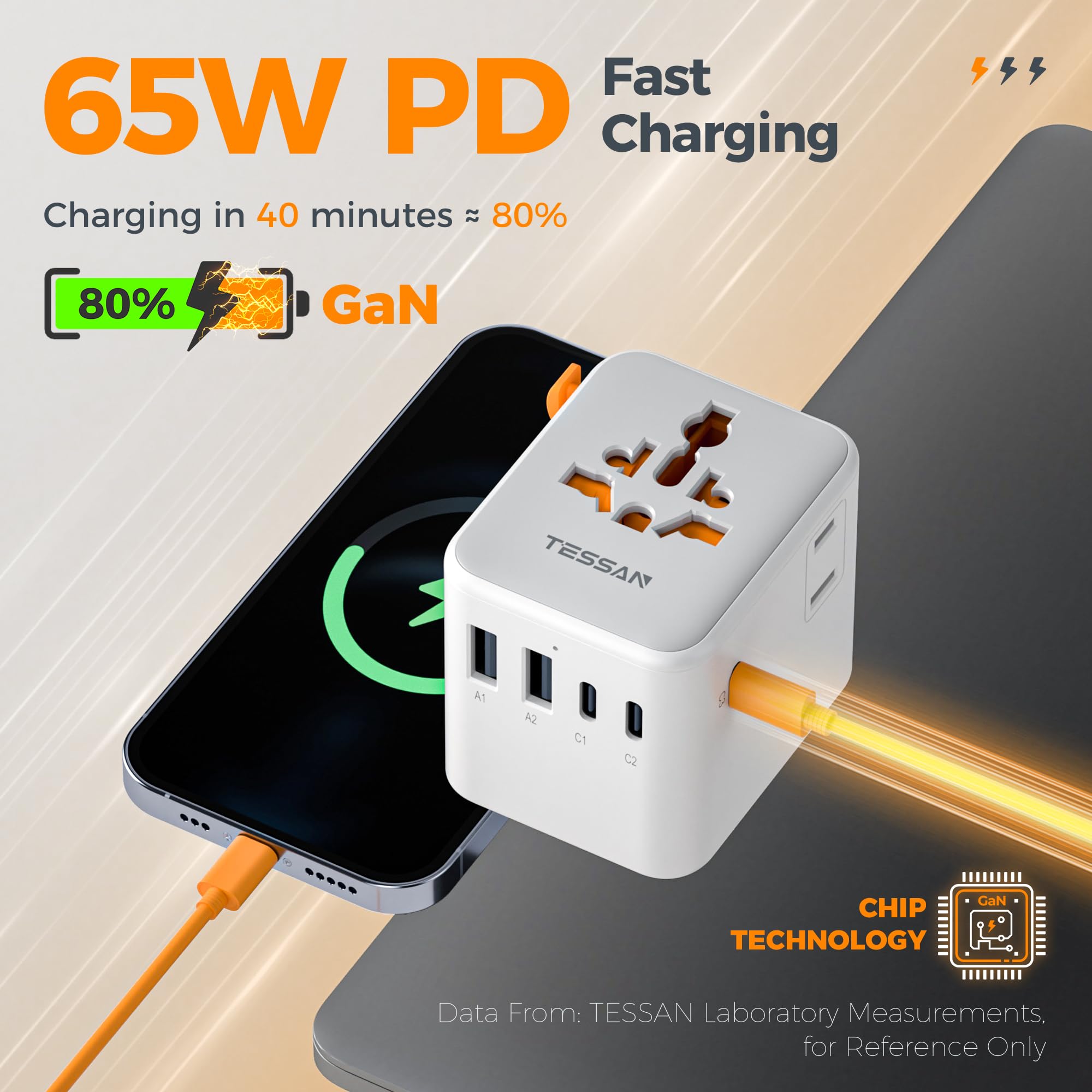 Tessan 65W Gan Universal Travel Adapter, International Power Adapter With Extra 2 Prong Ac Outlet, 5 Usb Ports (3 Usb C), Worldw