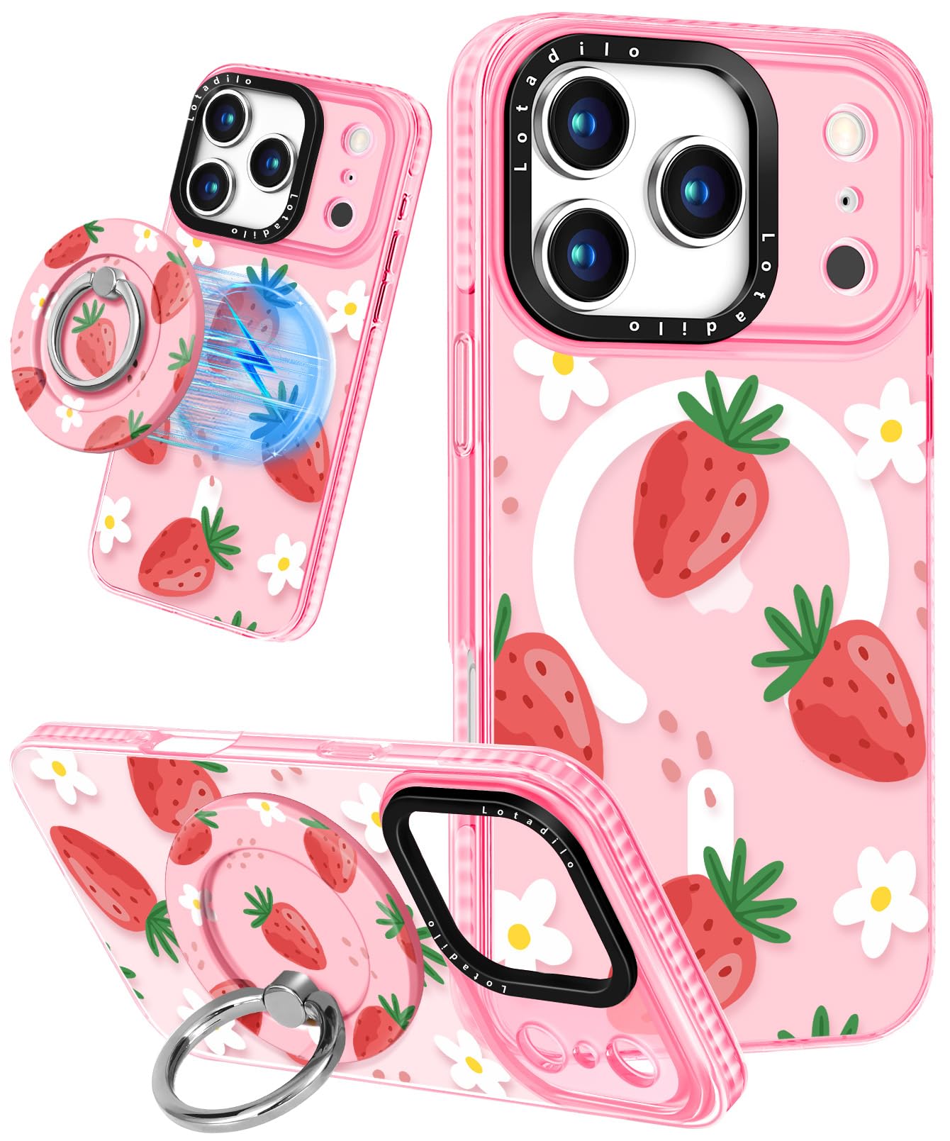 Lotadilo Case for iPhone 17 Pro Max Case Compatible with Magsafe Ring Holder Stand - for Women Strawberry Flower Design TPU Phon