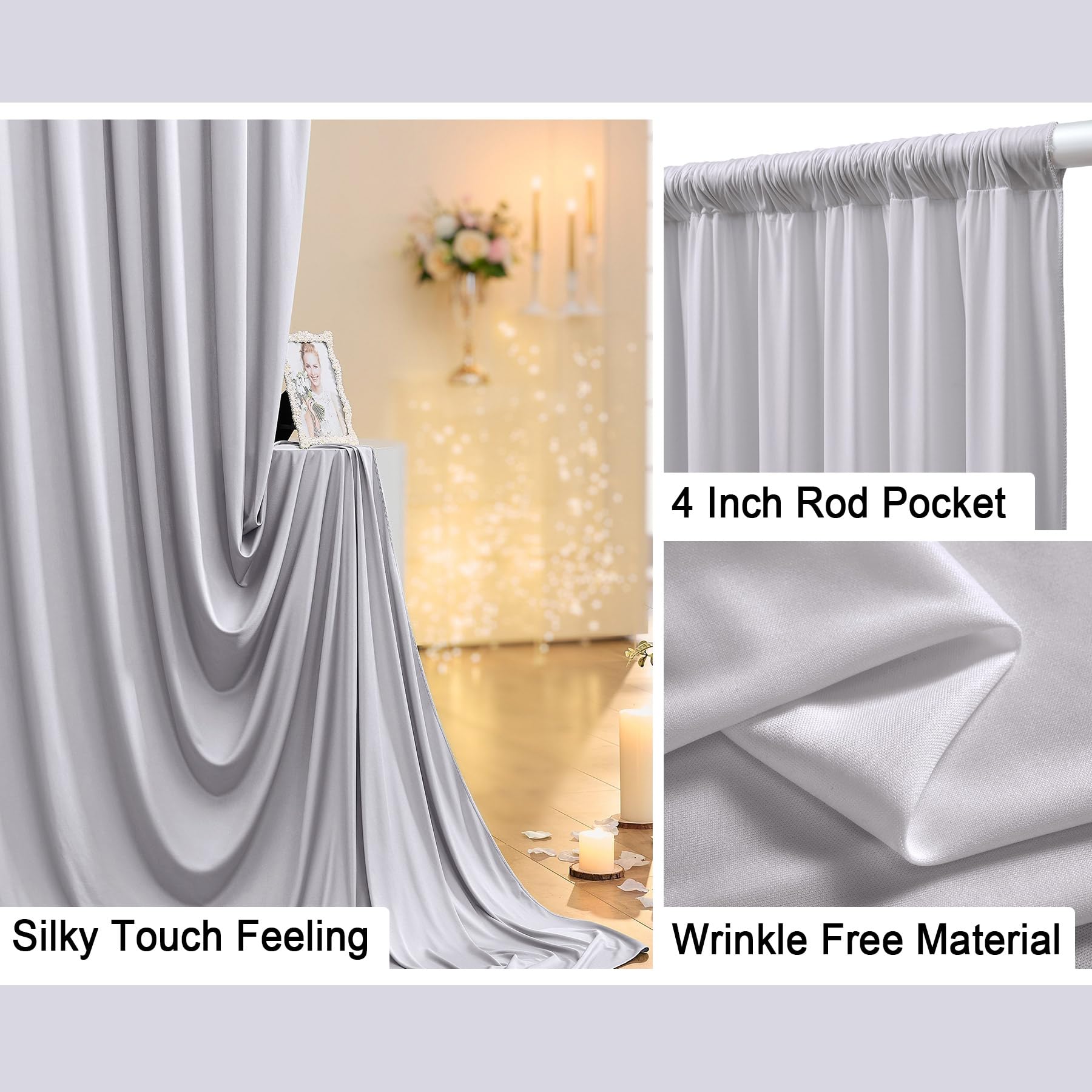 10 Ft X 30 Ft Wrinkle Free Silver Backdrop Curtain Panels, Polyester Photography Backdrop Drapes, Wedding Party Home Decoration