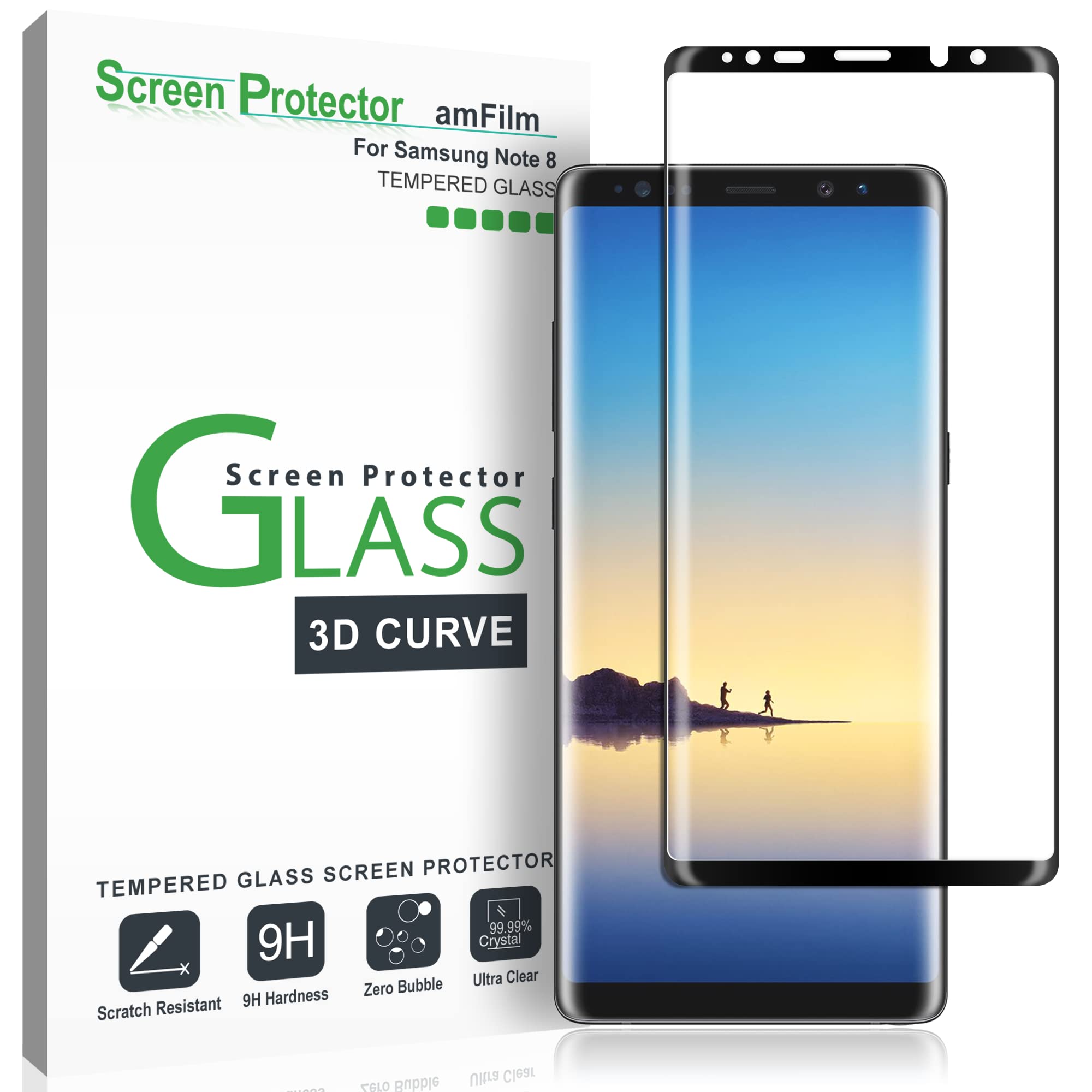 Amfilm Glass Screen Protector For Samsung Galaxy Note 8, Full Screen Coverage, 3D Curved Tempered Glass, Dot Matrix With Easy In