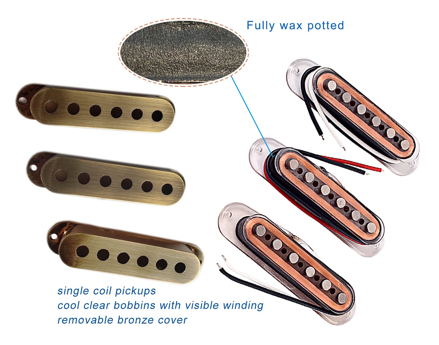 Lamsam Electric Guitar Pickup Set, High Output Single Coil Pick Up Loaded Alnico 5 Magnets Clear Bobbins Removable Cover, Bridge