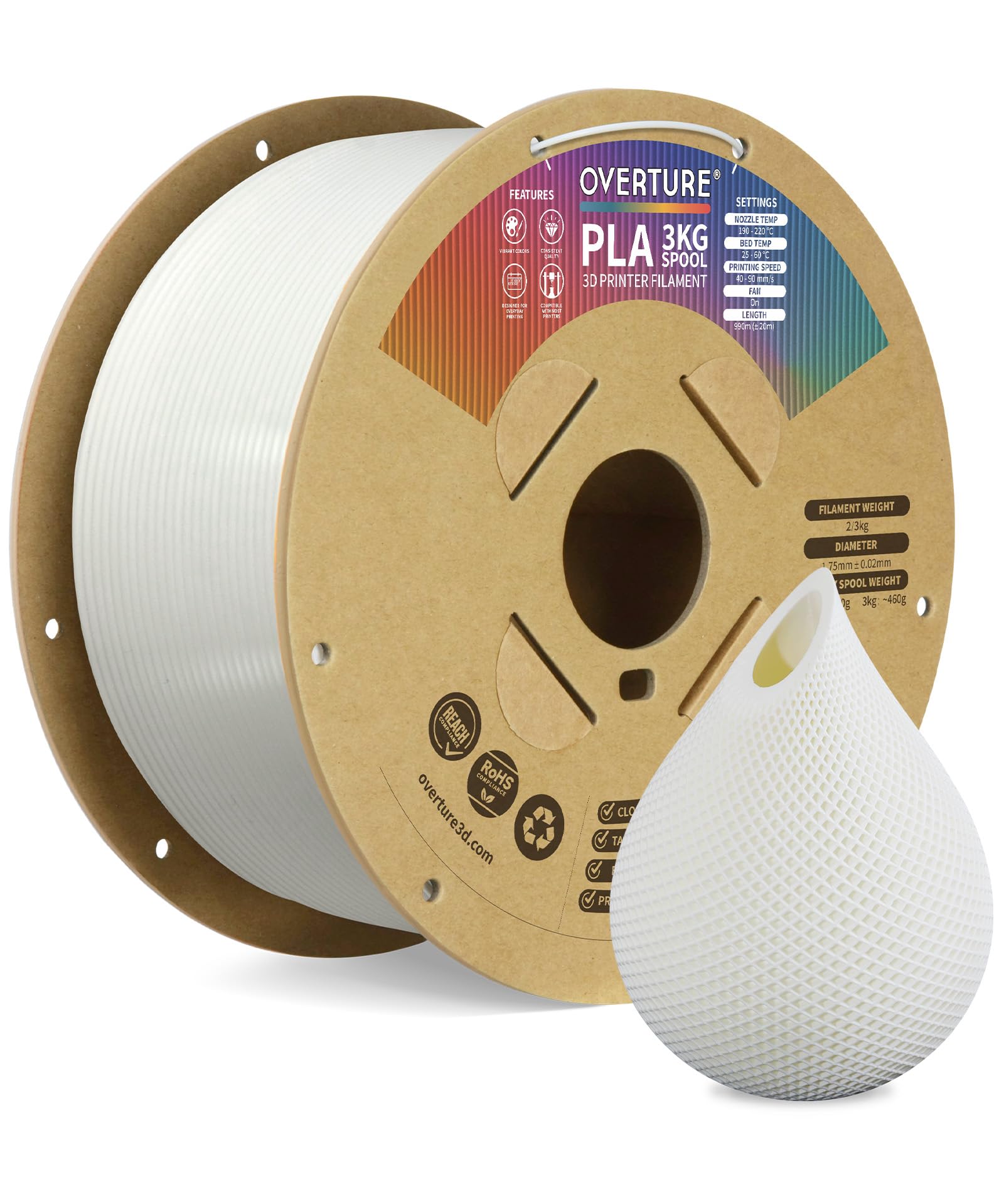 OVERTURE PLA Filament 1.75mm, Neatly Wound 3D Printer Filament 3kg Spool (6.6lbs), Dimensional Accuracy +/- 0.02 mm, Fit Most FD