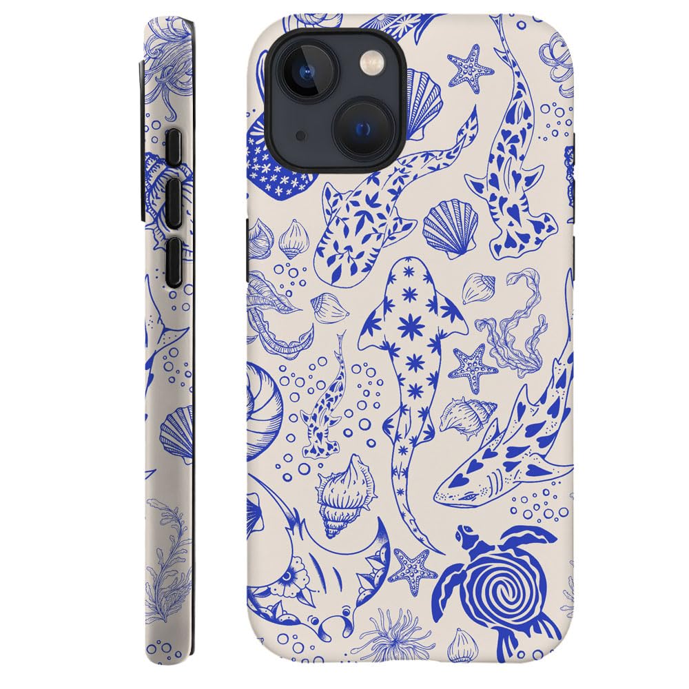 Case for iPhone 14,Fits Frosted Case Design for Girl Women,Sharks Turtles Shells Seaweed Blue