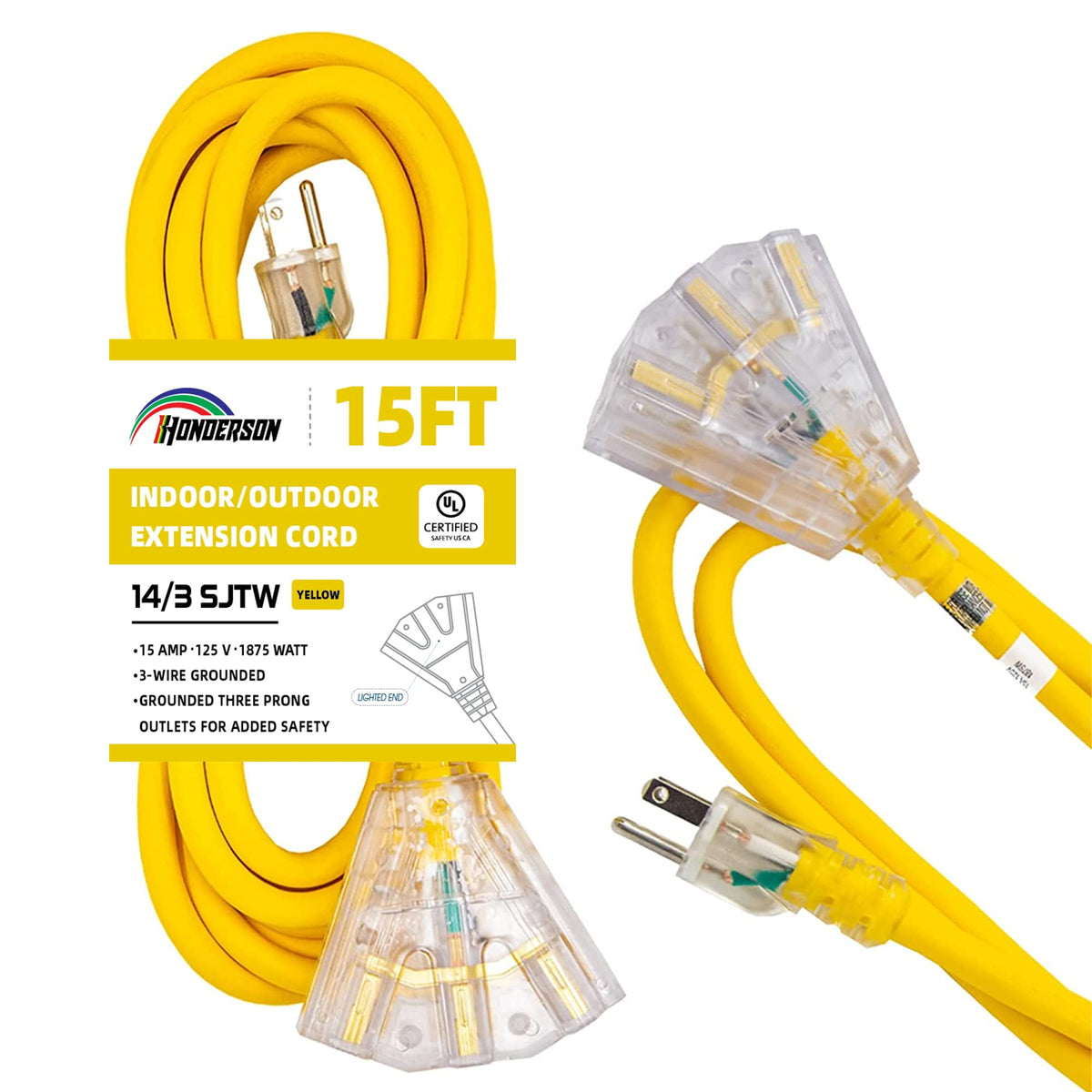 Honderson 15Ft Lighted Outdoor Extension Cord With 3 Power Outlets,14/3 Sjtw Heavy Duty Yellow Extension Cable With 3 Prong Grou