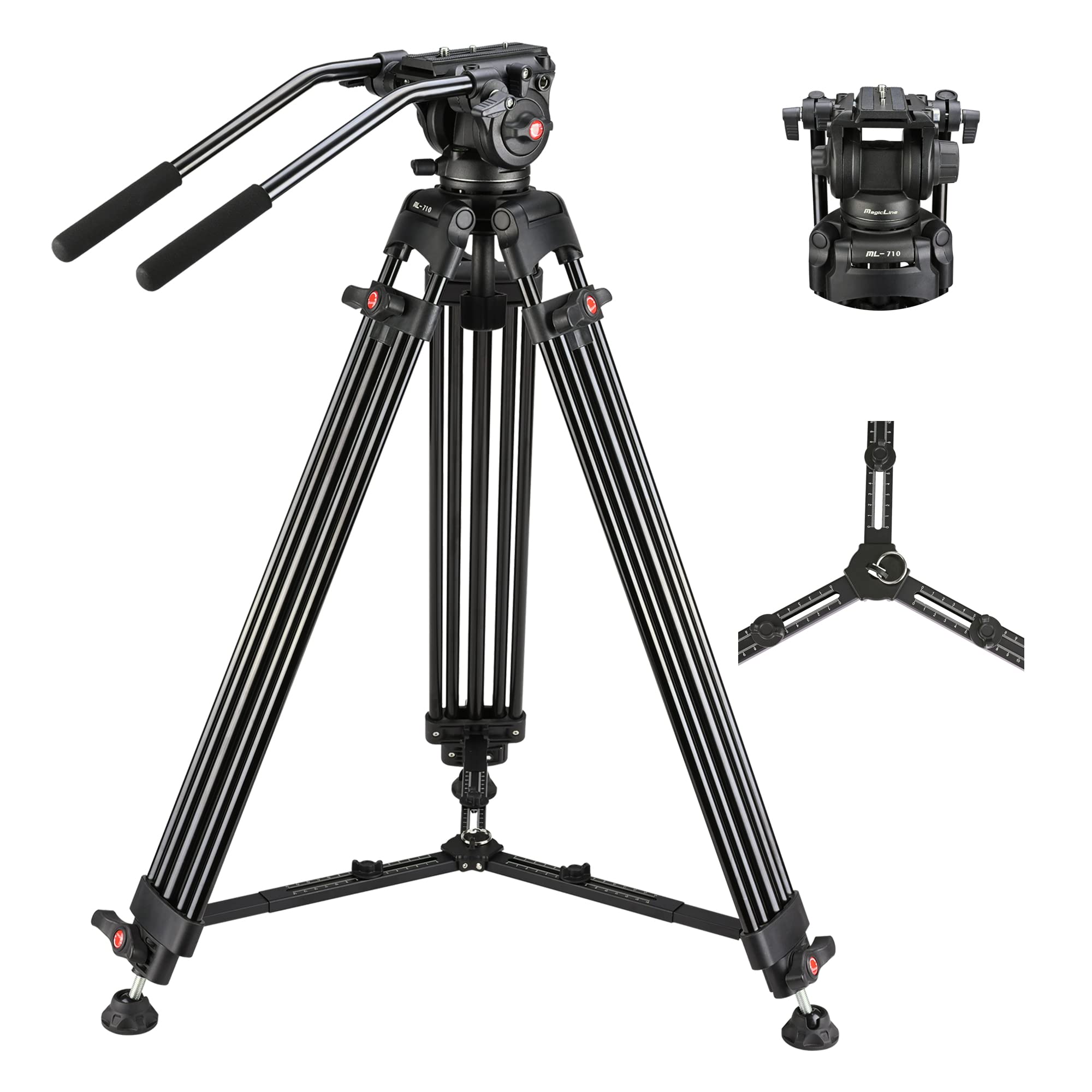 Magicline 70.9 Inch Heavy Duty Aluminum Video Camera Tripod With Fluid Head, 2 Pan Bar Handles,Extendable Mid Level Spreader, Ma
