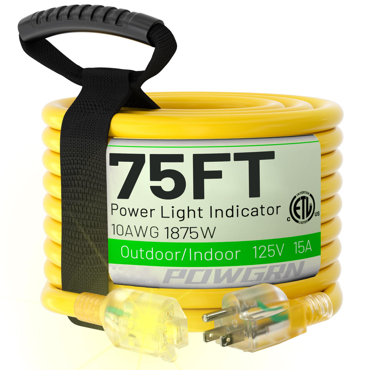 Powgrn 75 Ft 10/3 Outdoor Extension Cord Waterproof Heavy Duty 10 Gauge 3 Prong, Flexible Cold Resistant Long Power Cord Outside