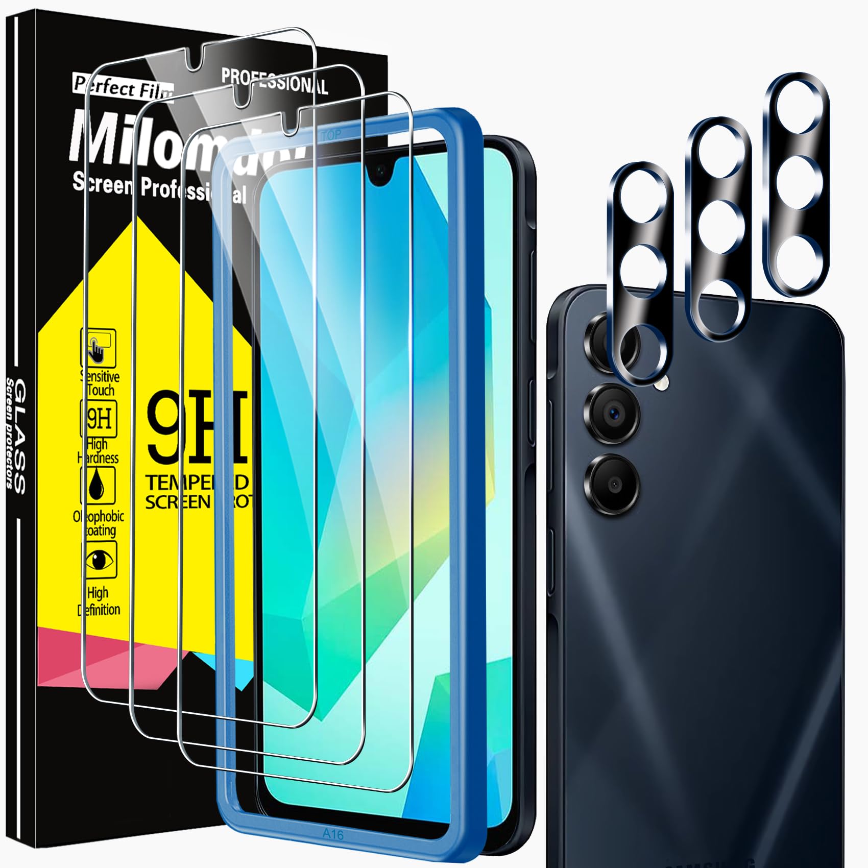Milomdoi 3 Pack Tempered Glass For Samsung Galaxy A16 5G Screen Protector With 3 Pack Camera Lens Protector Accessories, Case Fr