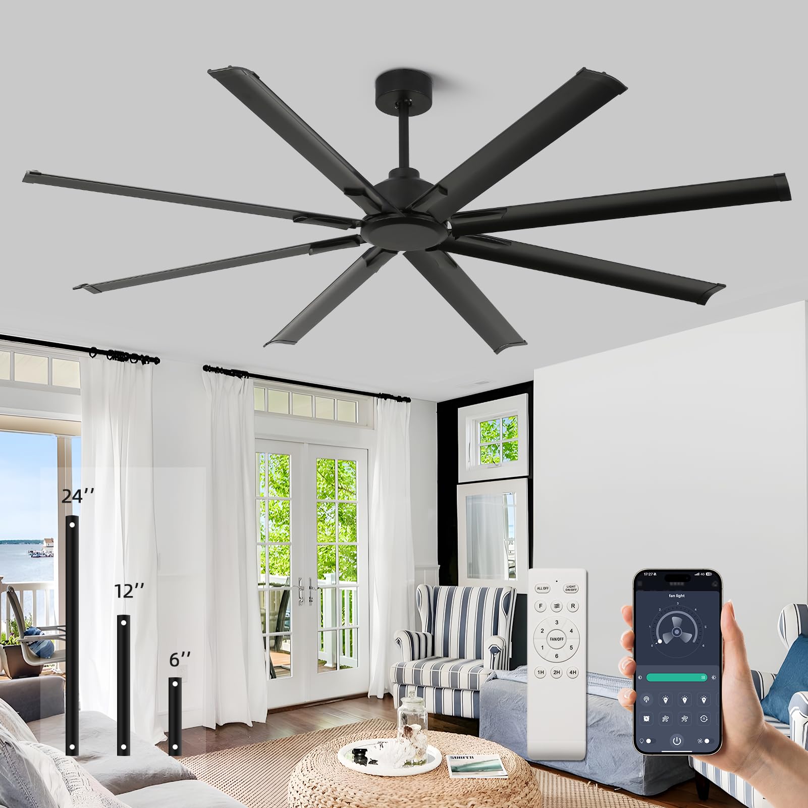 RIENAZA 72 Inch Ceiling Fan No Light with Remote Control, 8 Blades Quiet DC Reversible Motor, 6-Speed, Timer, Black, Indoor Outd