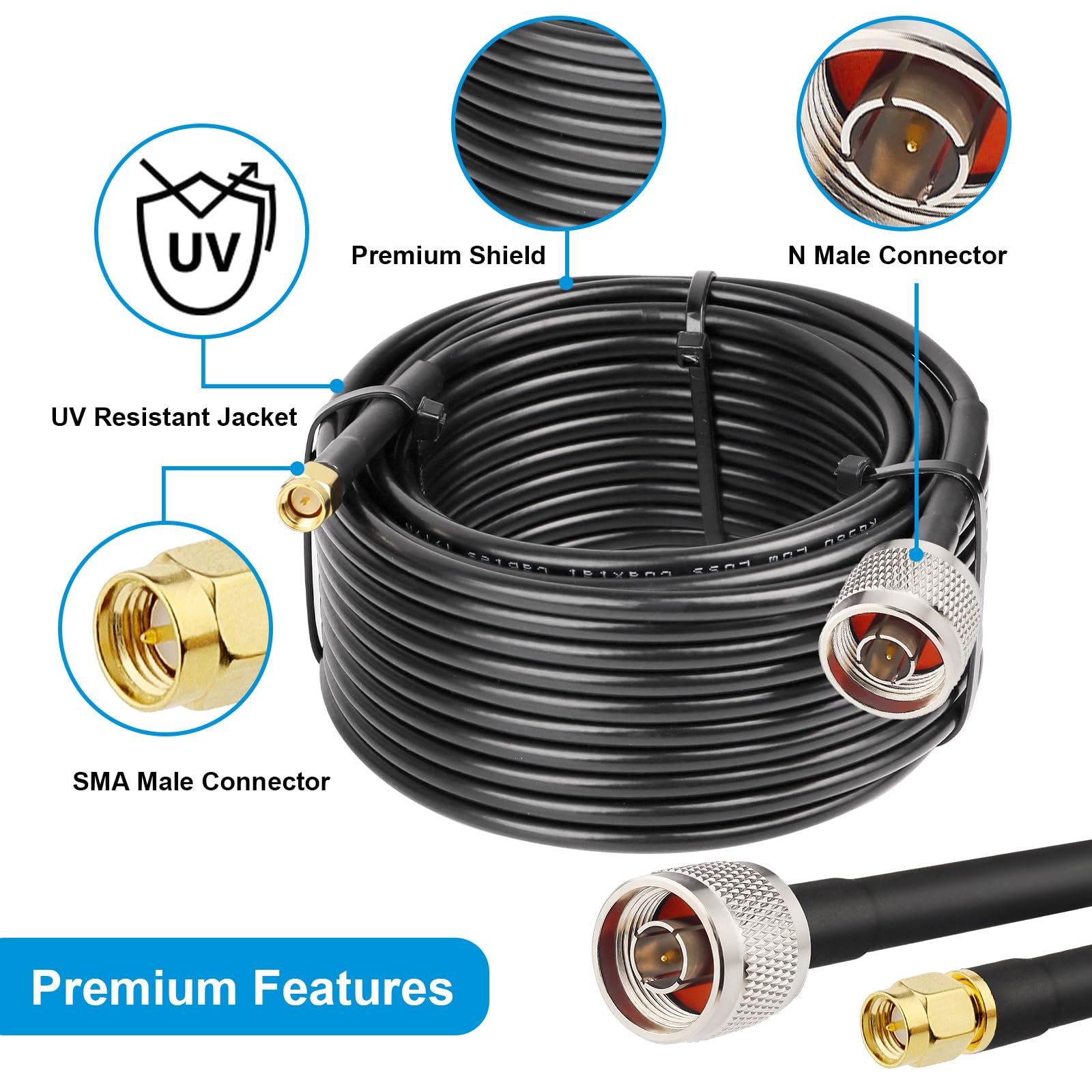 MOOKEERF N Male to SMA Male Low Loss RG58 RF Coaxial Cable Black 20ft