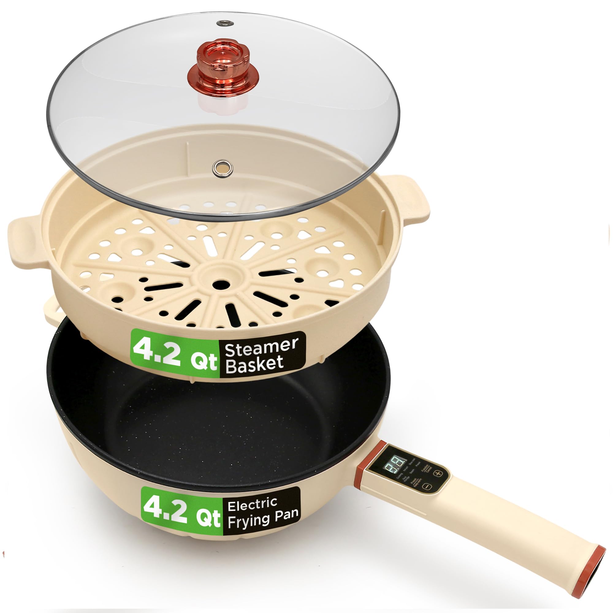 NutriChef 2 In 1 Electric Frying Pan & Steamer 8 Quarts | Portable Non-Stick Skillet for Cooking | Durable Heat Safe Handle | To