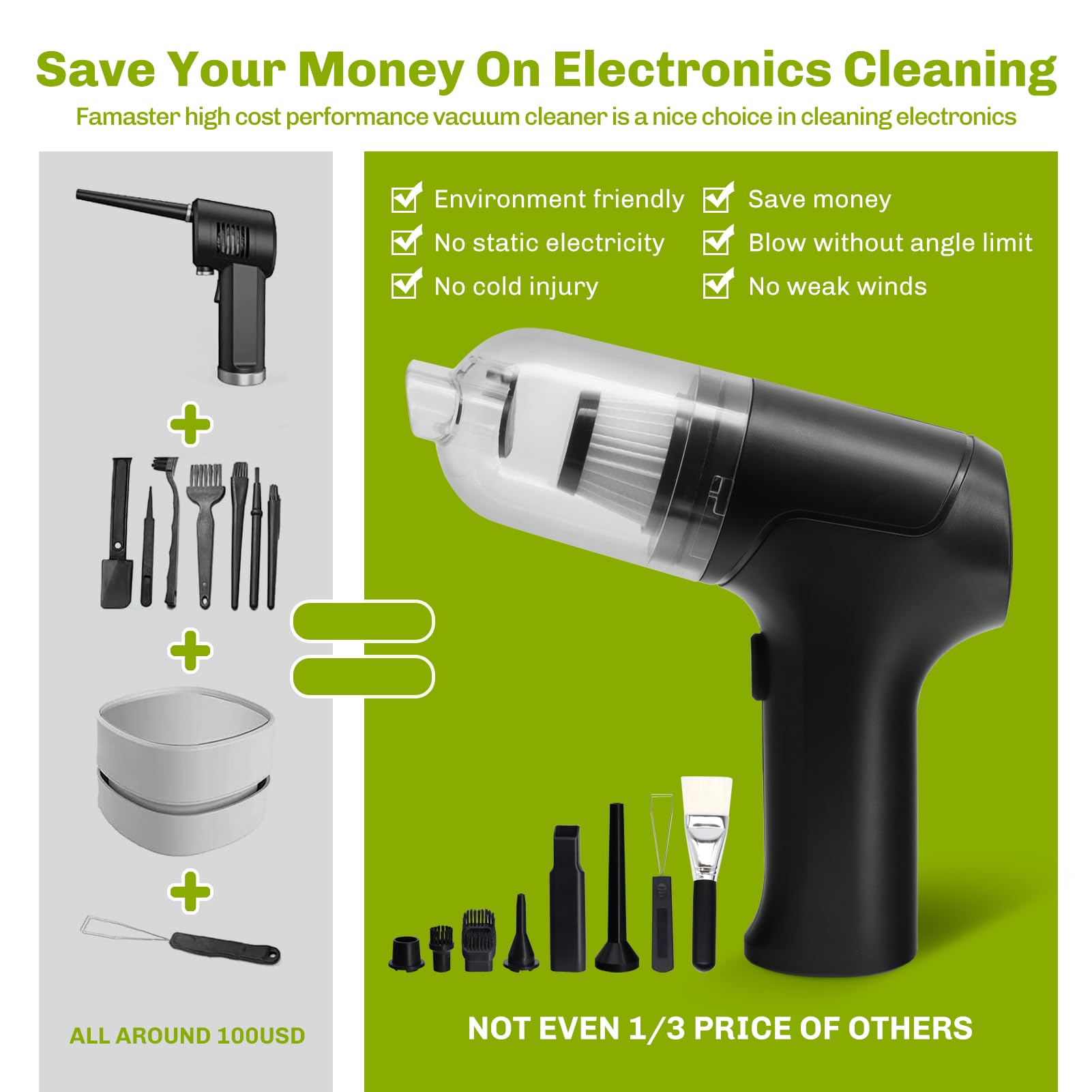 Famaster Compressed Air Duster & Mini Vacuum Keyboard Cleaner, Cordless Air Duster Canned Air Can, Electric Dust Spray, Keyboard