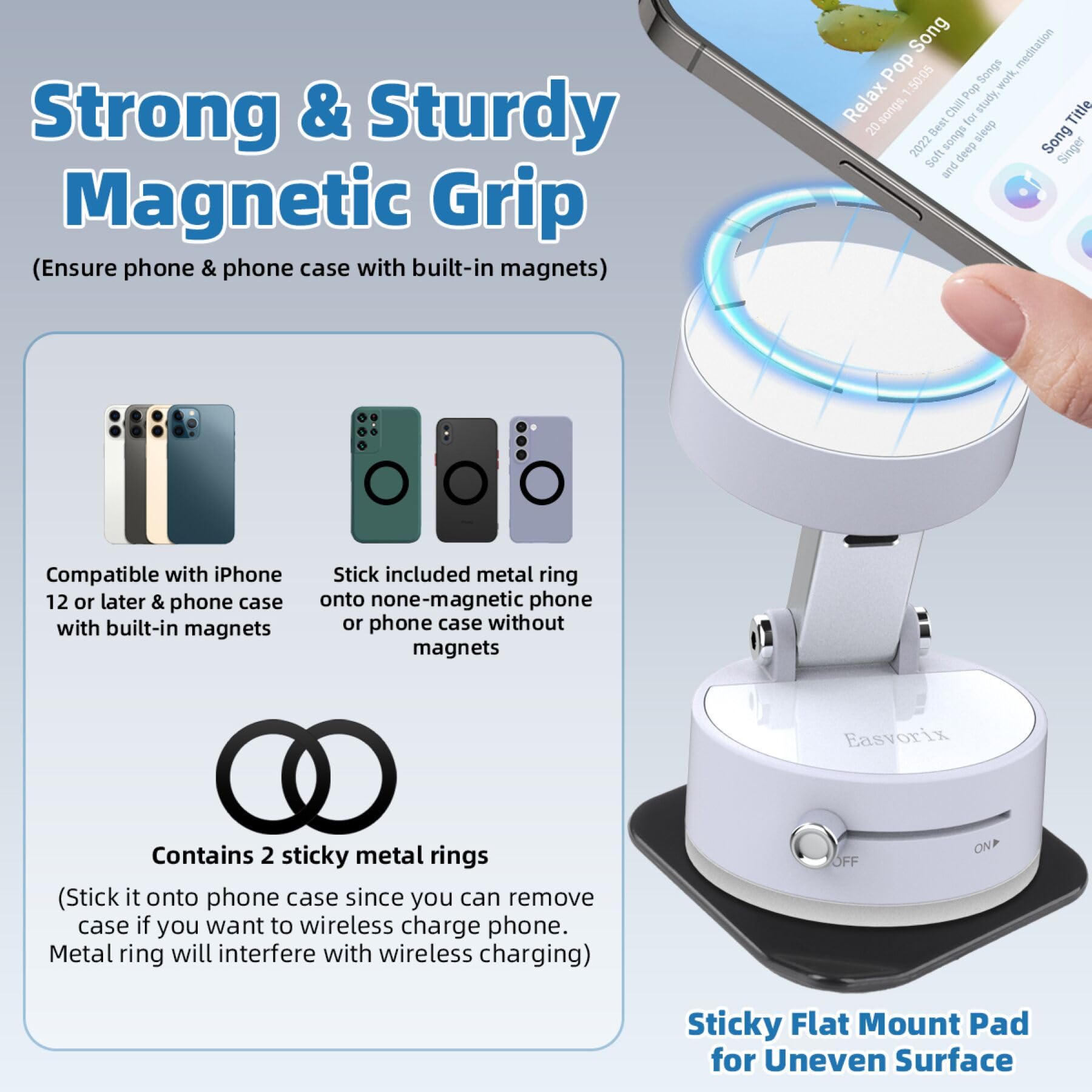 Easvorix Vacuum Magnetic Phone Holder With Metal Ring Compatible With Iphone 16 15 14 13 All Phone, Portable Universal Collapsib
