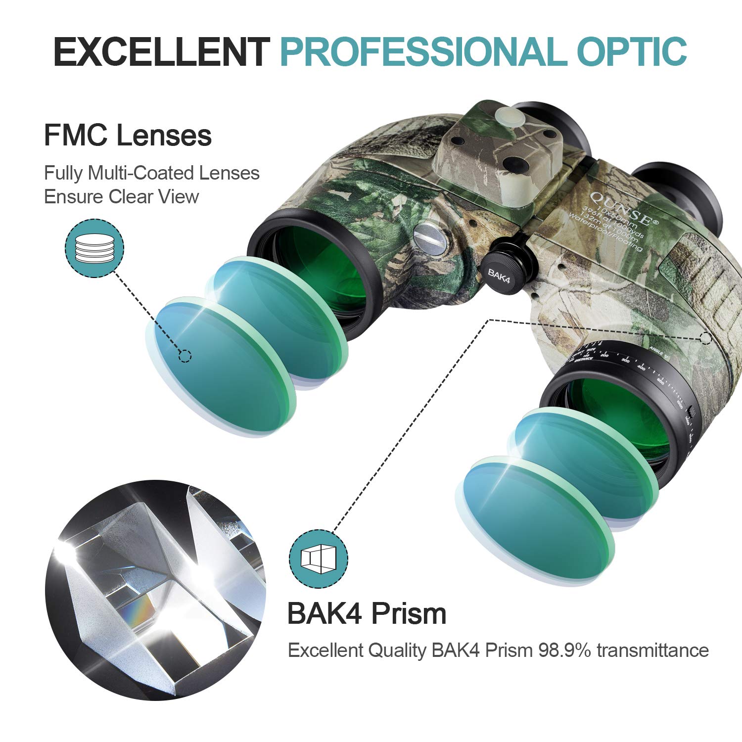 Qunse 10X50 Marine Binoculars For Adults, Waterproof Binoculars With Rangefinder Compass,Bak4 Prism Navigation Birdwatching Hunt