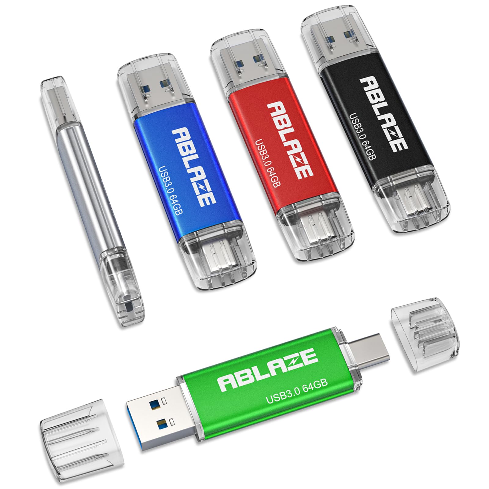 Ablaze Type C Flash Drive 64Gb 5 Pack, Dual Usb 3.0+Usb C Flash Drive For Iphone 15, Android Smartphone, Computer,Tablet Mac Lap