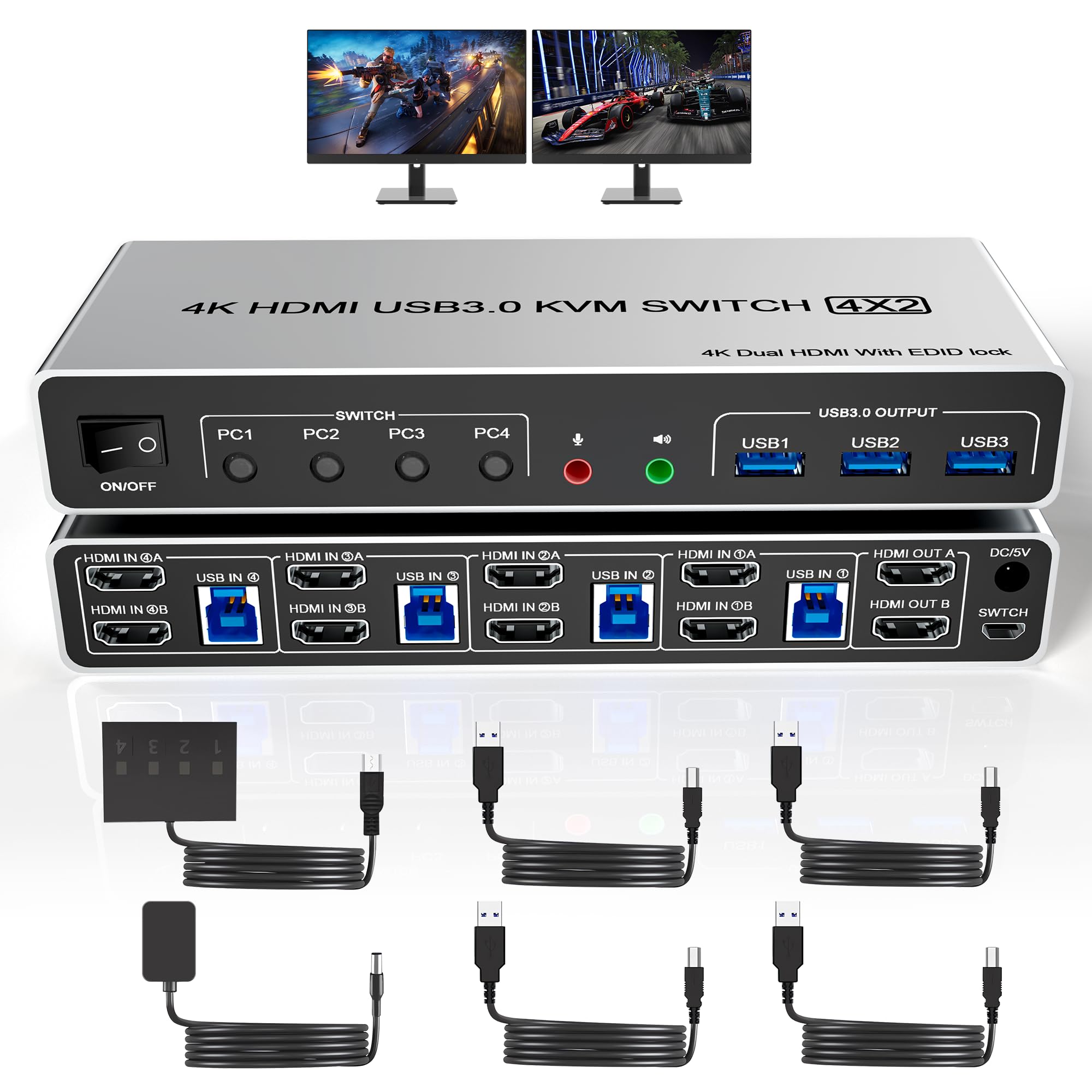 Usb 3.0 Hdmi Kvm Switch Dual Monitors 4 Computers, Supports Edid, 4K@60Hz Kvm Switch Hdmi 2 Monitor 4 Pc With Audio Microphone A