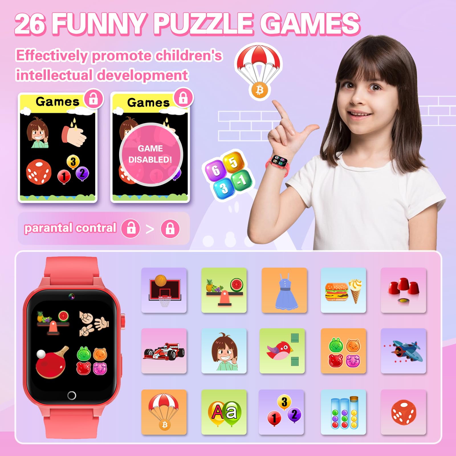 Vakzovy Kids Smart Watch Christmas Birthday Gifts For Girls Boys Age 6-12 With 26 Games Video Camera Music Pedomete Educational