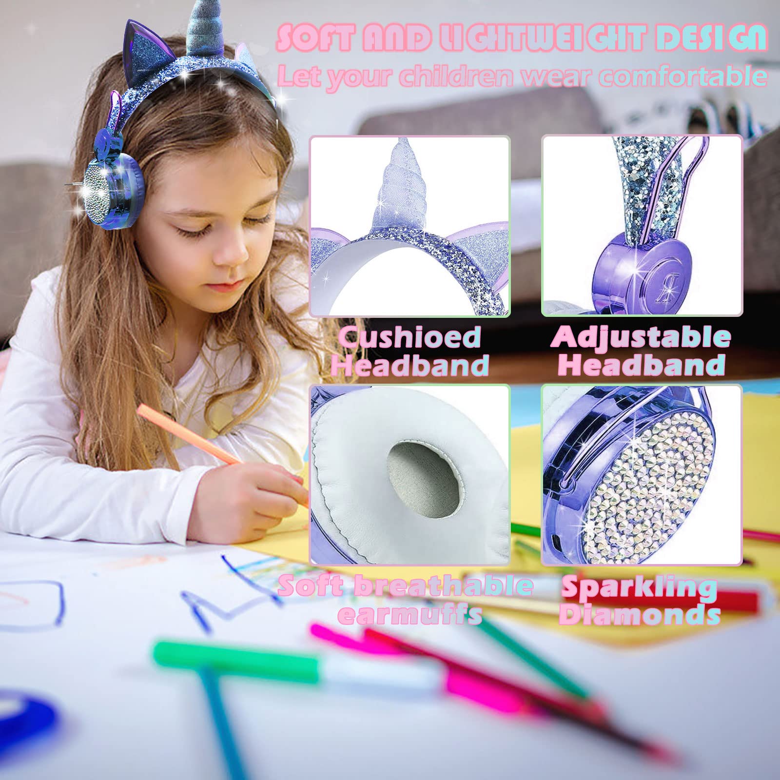 Unicorn Wireless Headphones For Kids,Cat Ear Bluetooth 5.0 Over Ear Headphones With Microphone For Cellphone/Ipad/Laptop/Pc/Tv/P