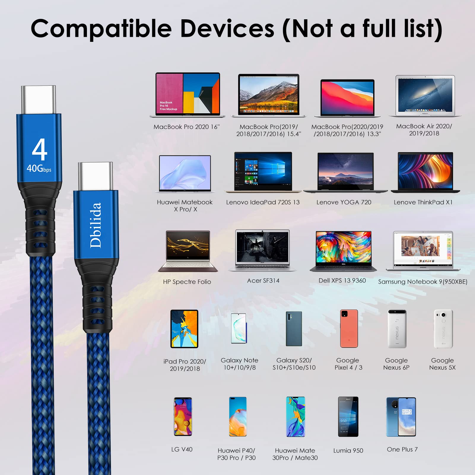 Cable For Thunderbolt 4 Cable 6.6Ft, Dbilida Nylon Braided 40Gbps Usb C Cable With 100W Pd, 40Gbps, 8K Display Compatible With Thunderbolt 3 Cable, Usb4, Usb C, Hub, Ssd, Docking And More, Blue