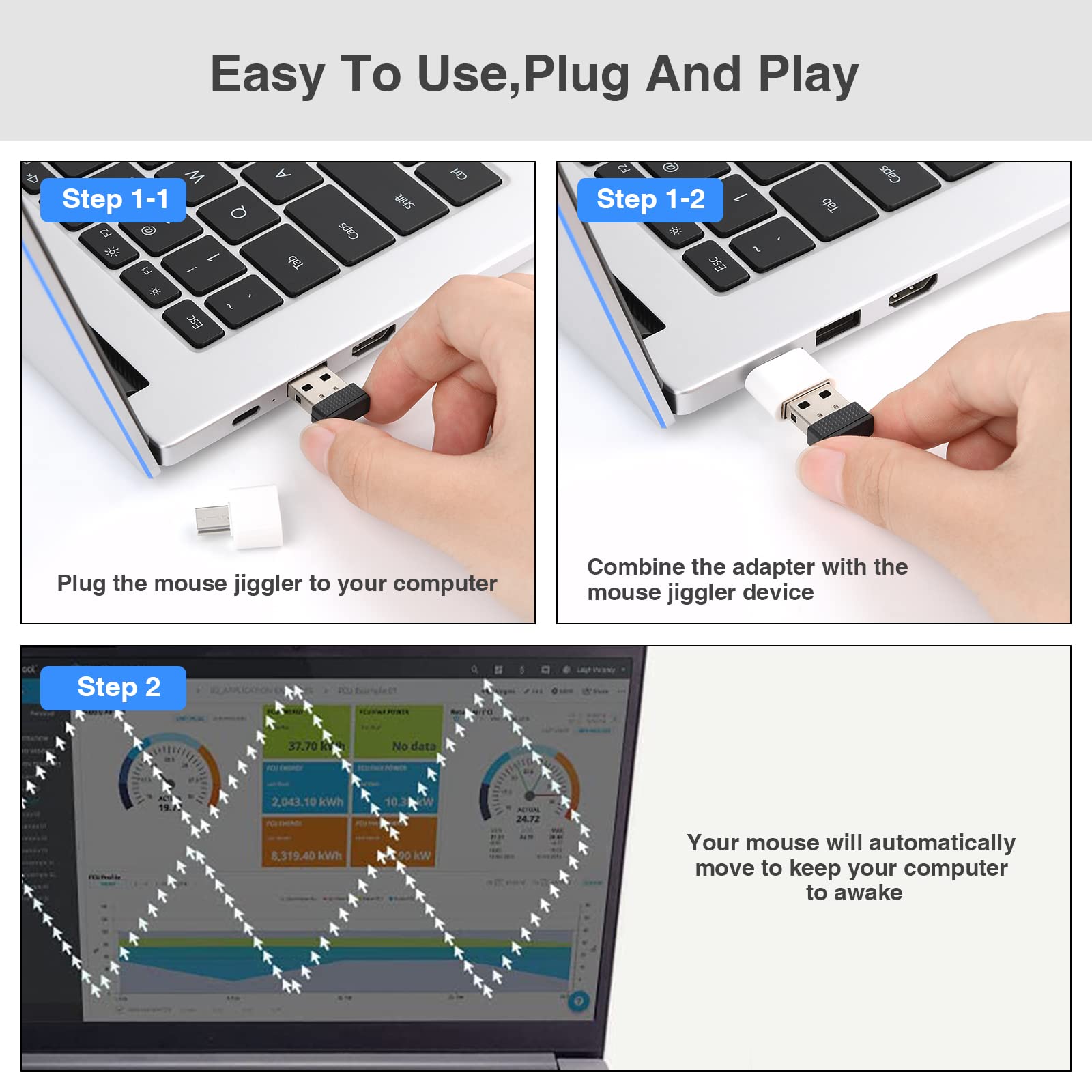 Mouse Jiggler,Undetectable Mouse Mover Device Usb Port With Type C Adapter,Simulate Movement,Driver Free,Plug&Play