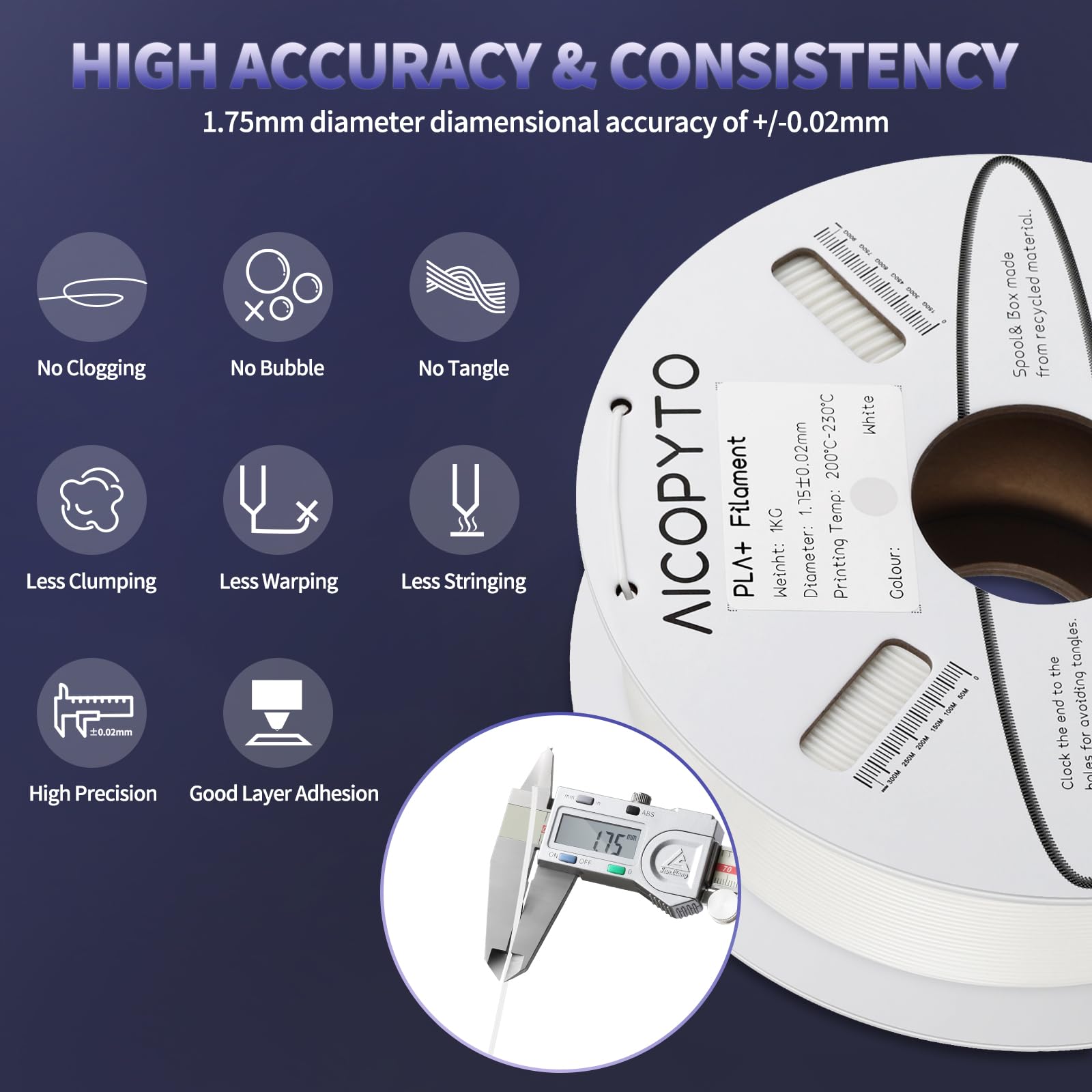 Aicopyto Pla Plus(Pla+) Filament 1.75Mm, Tougher And Stronger 3D Printer 1Kg Spool (2.2Lbs) White Pla+ Filament Dimensional Accu