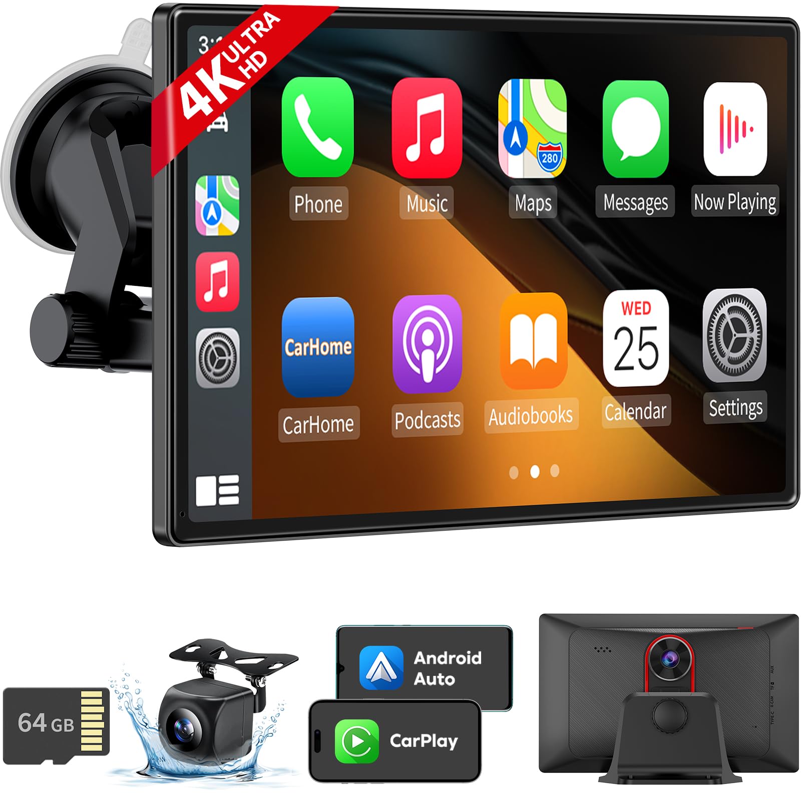 9'' Wireless Apple Carplay Android Auto Screen   4K Dash Cam, Gps Navigation, Hd Touchscreen, Airplay, 1080P Backup Camera, Car 