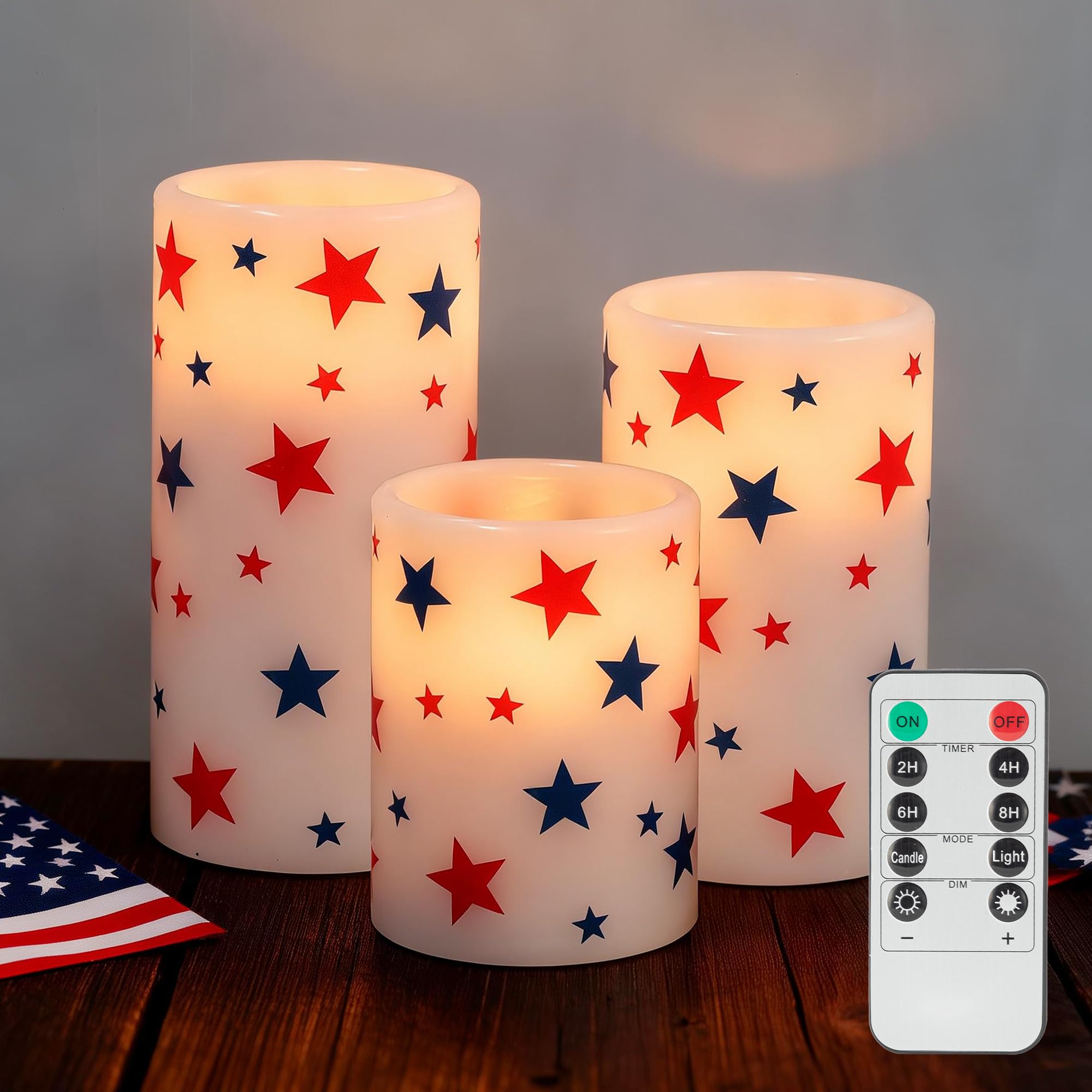 LUSHARBOR 4th of July Flameless Candles with Remote, 3 Pack Patriotic Candles Battery Operated with Star Decor, Wax LED Electric