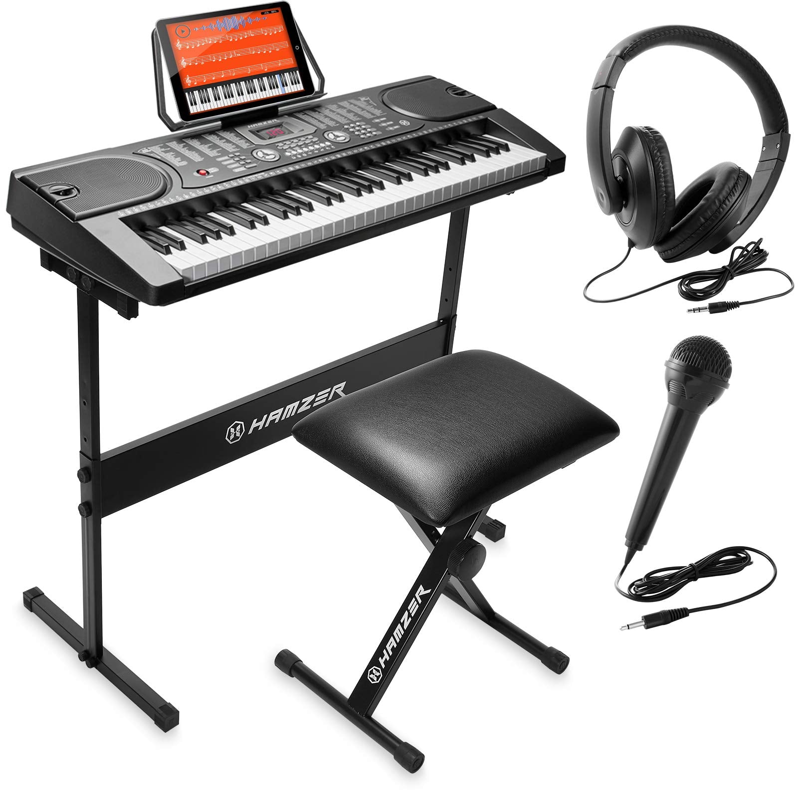 Hamzer 61 Key Keyboard Piano With Built In Speakers, Stand, Bench, Headphones, Microphone & Key Labels   Electronic Musical Keyb