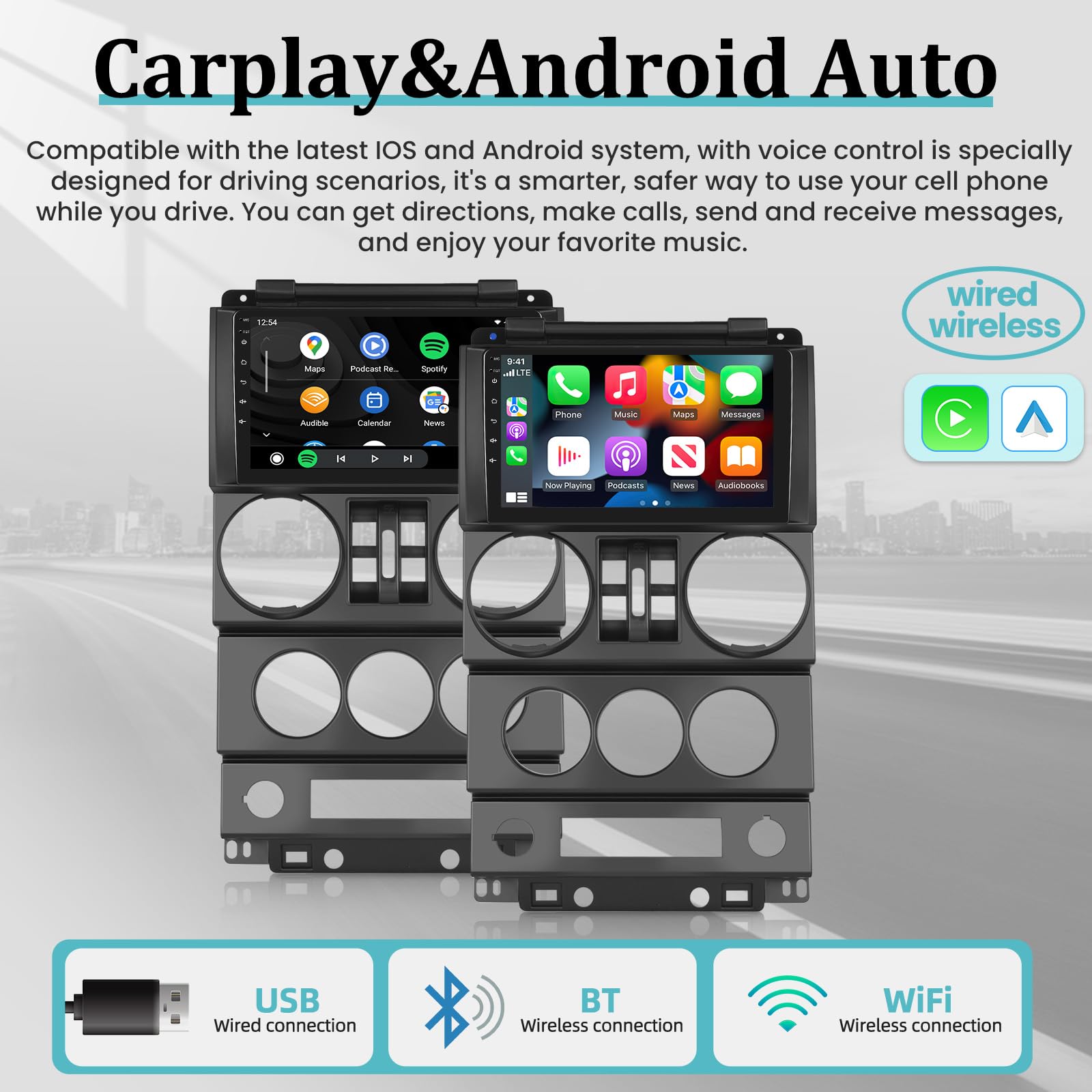 For Jeep Wrangler (4 Doors) 2007 2008 2009 2010 With Wireless Apple Carplay And Android Auto, 2+32G 9 Inch Touchscreen Android C
