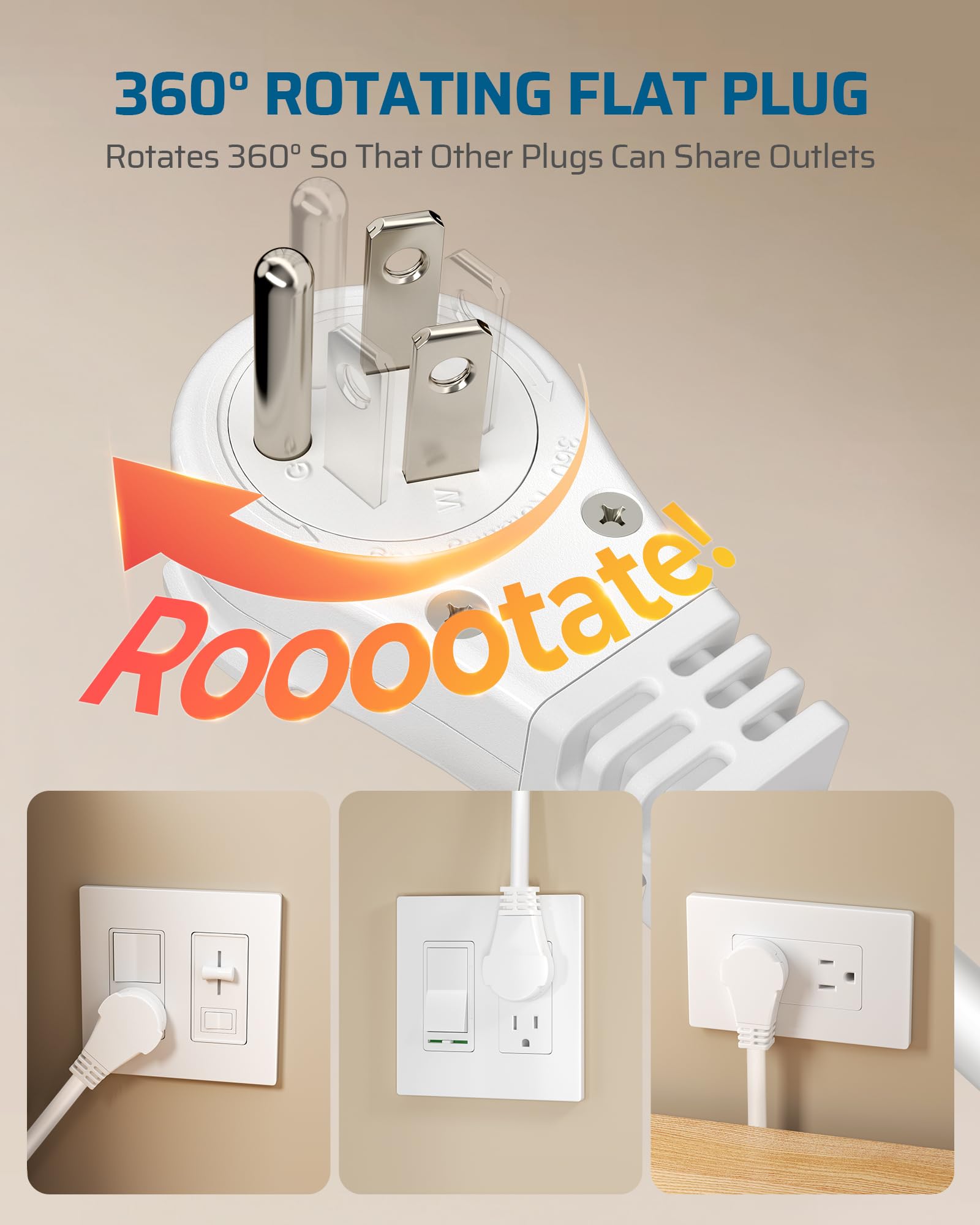 Dewenwils 360 Rotating Flat Plug Extension Cord 1 Foot, 14/3 Gauge 3 Prong Grounded Wire, 15A/1875W Heavy Duty Power Cord, Space