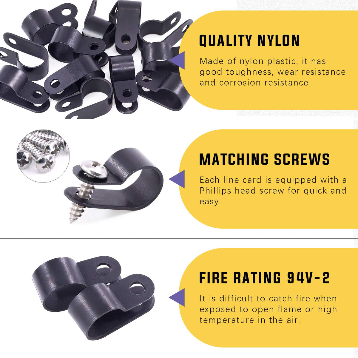 Swpeet 60 Pack Black 1/2 Inch Nylon Plastic R Type Cable Clips Clamp K ...