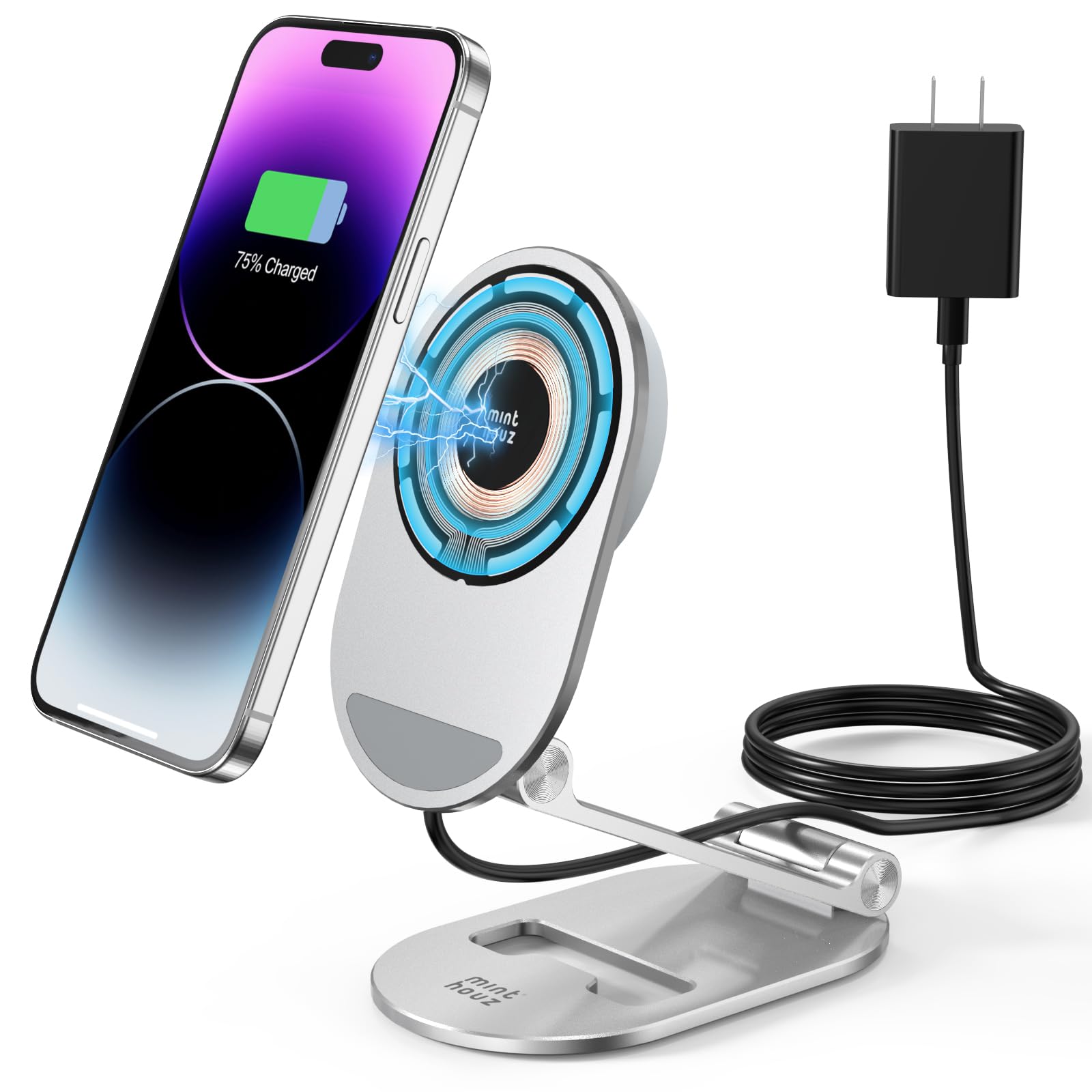 Magnetic Wireless Charger, Minthouz Foldable Mag Safe Charging Stand, Adjustable Wireless Charging Station with 20W Wall Adapter