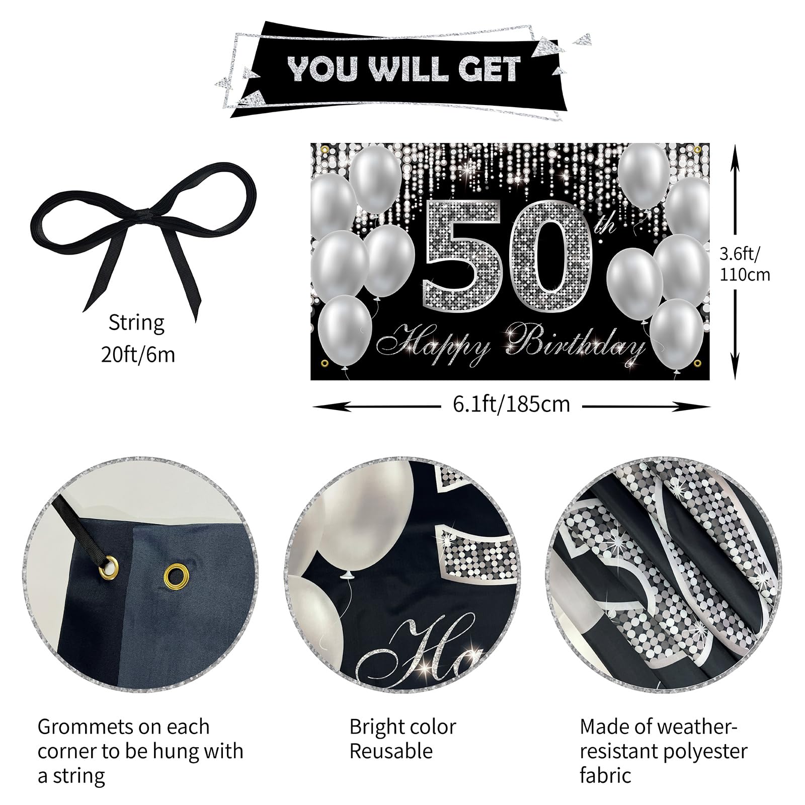 Htdzzi 50Th Birthday Banner Backdrop, Happy 50Th Birthday Decorations For Women Men, Black Silver 50 Year Old Birthday Party Yar