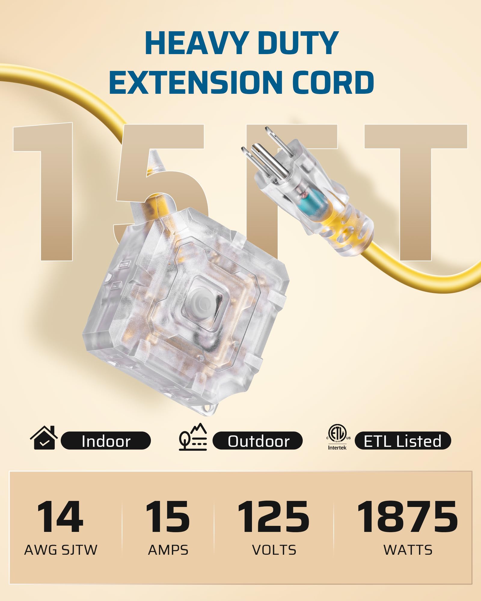 Dewenwils 15Ft Outdoor Heavy Duty Extension Cord, 14 Awg Sjtw Power Cord With Dust Proof & Waterproof Switch, 6 Outlets Transpar