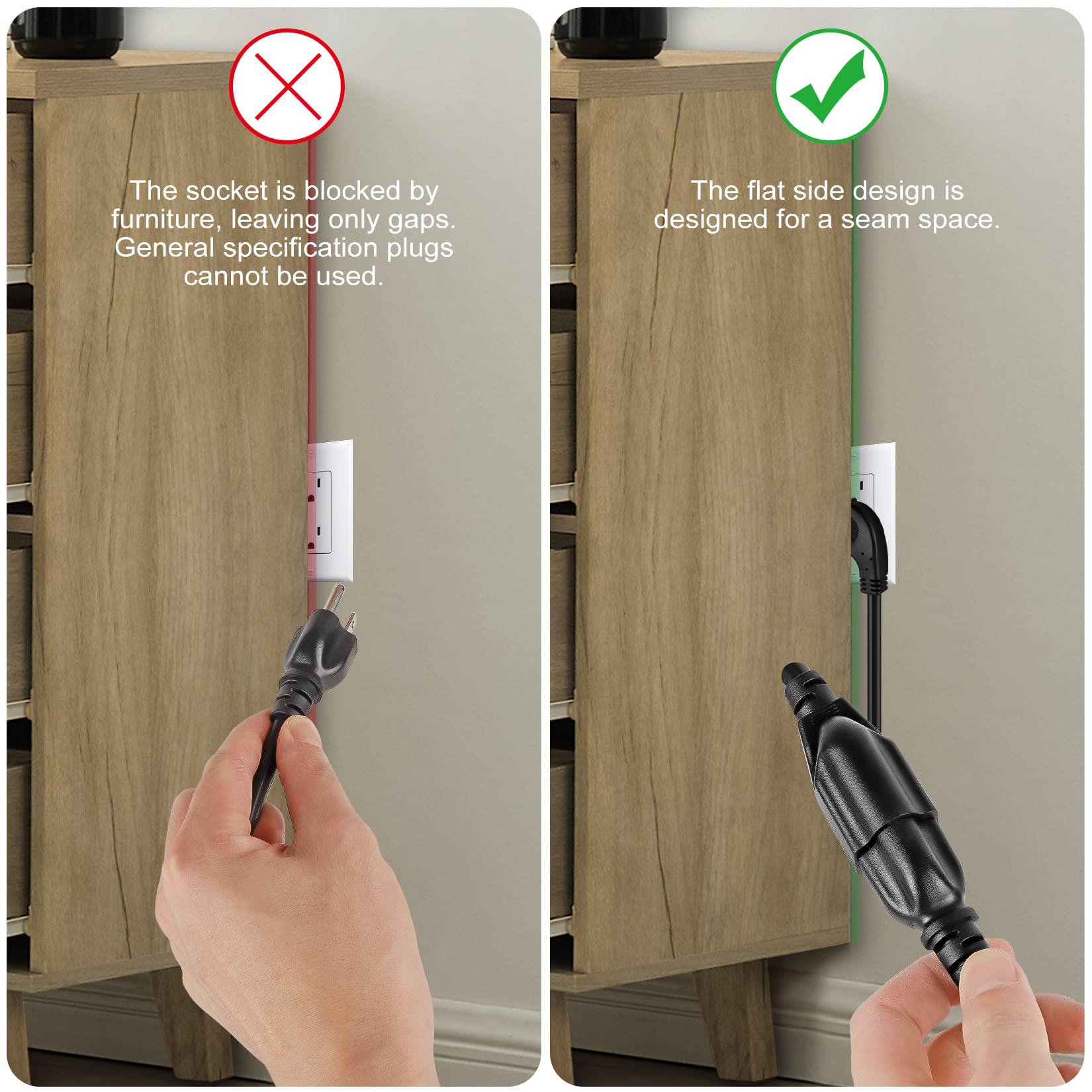 Vseer 1.5Feet 1875W 15A 14Awg Flat Plug Heavy Duty Extension Cord Outlet Saver 3 Prong Grounded Short Power Extension Cord,Ul Li