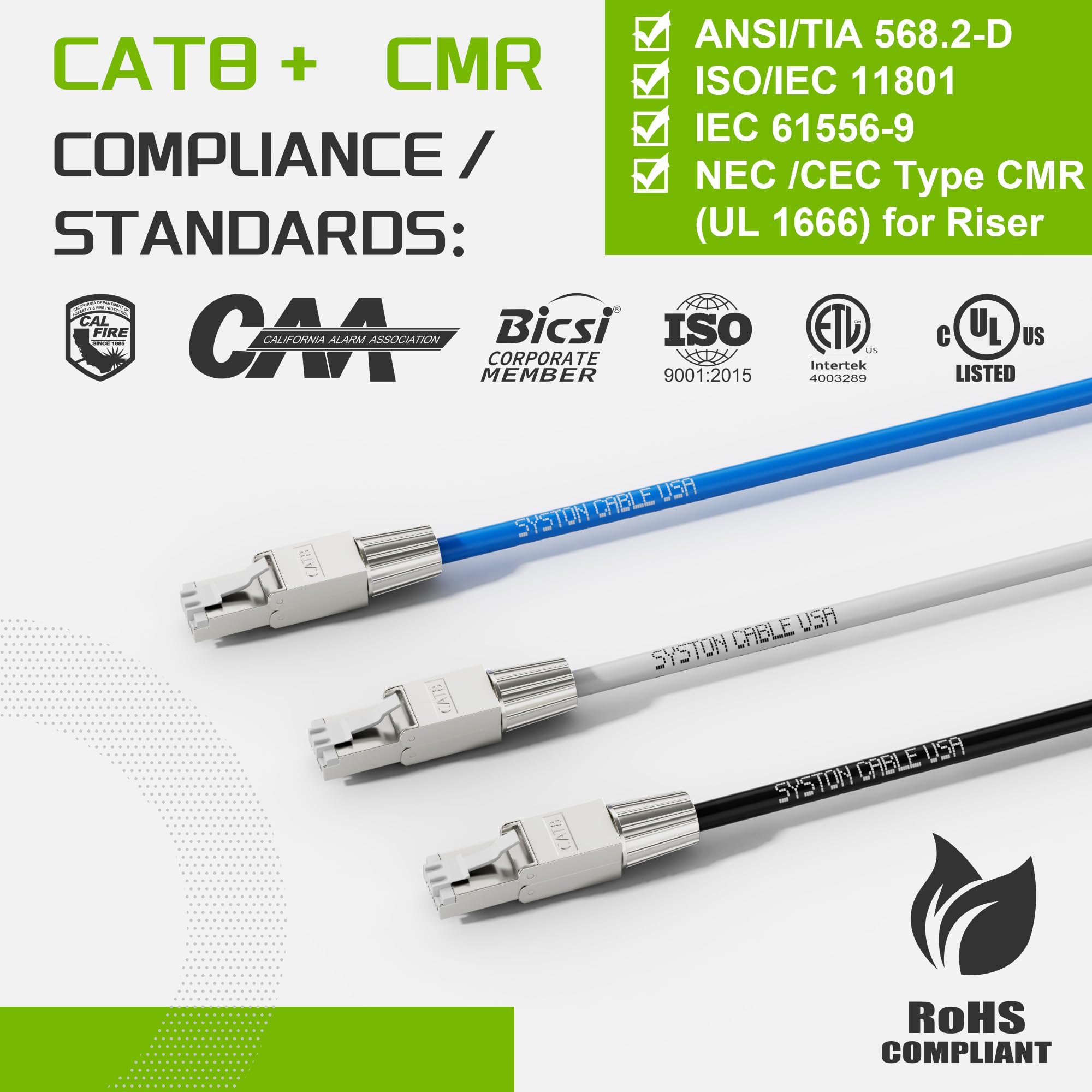Syston Cat8 Ethernet Cable Patch 100Ft Blue, 2000Mhz 2Ghz 40Gb Solid Bare Copper S/Ftp Braided Shielded, 22/4 22 Awg 4 Pair Cmr