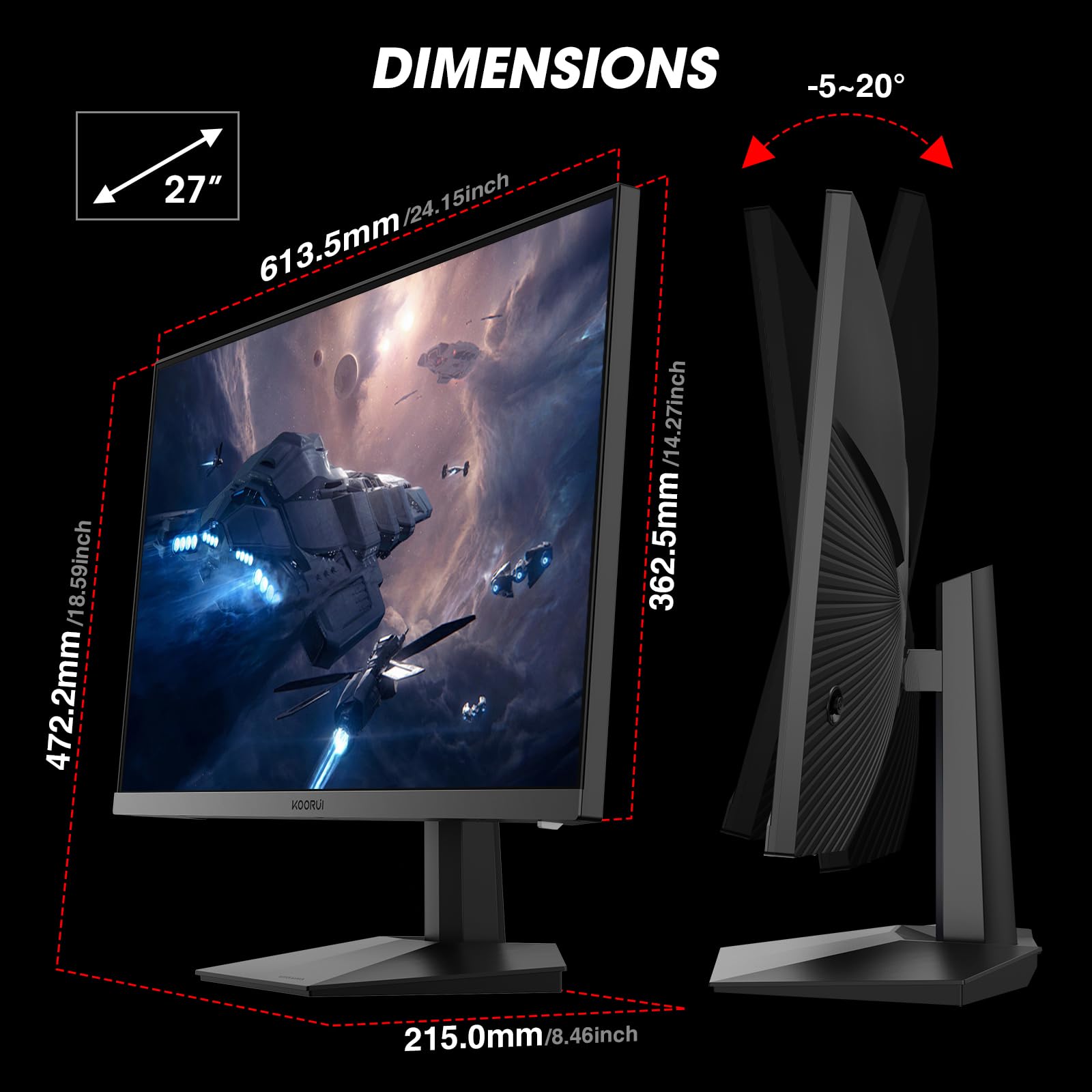 Koorui Monitor, 27'' Gaming Monitor, 165Hz, Ips, Fhd 1920 X 1080 1Ms Computer Monitor With Adaptive Sync, 75X75 Mm Vesa Mountabl