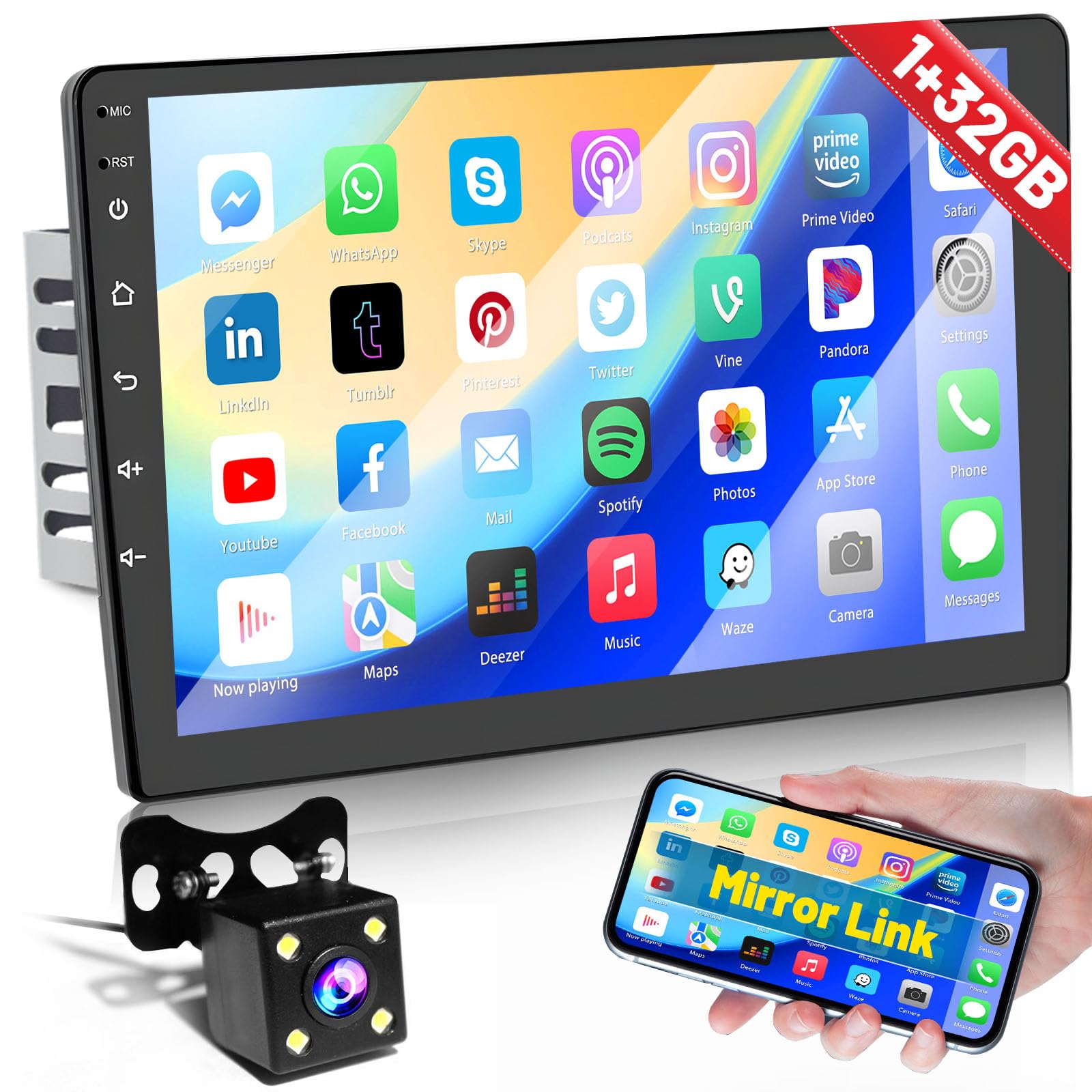 1G+32G Android Radio 10.1 Inch Double Din Car Stereo With Gps Navigation Touch Screen Car Radios With Backup Camera, Support Wif