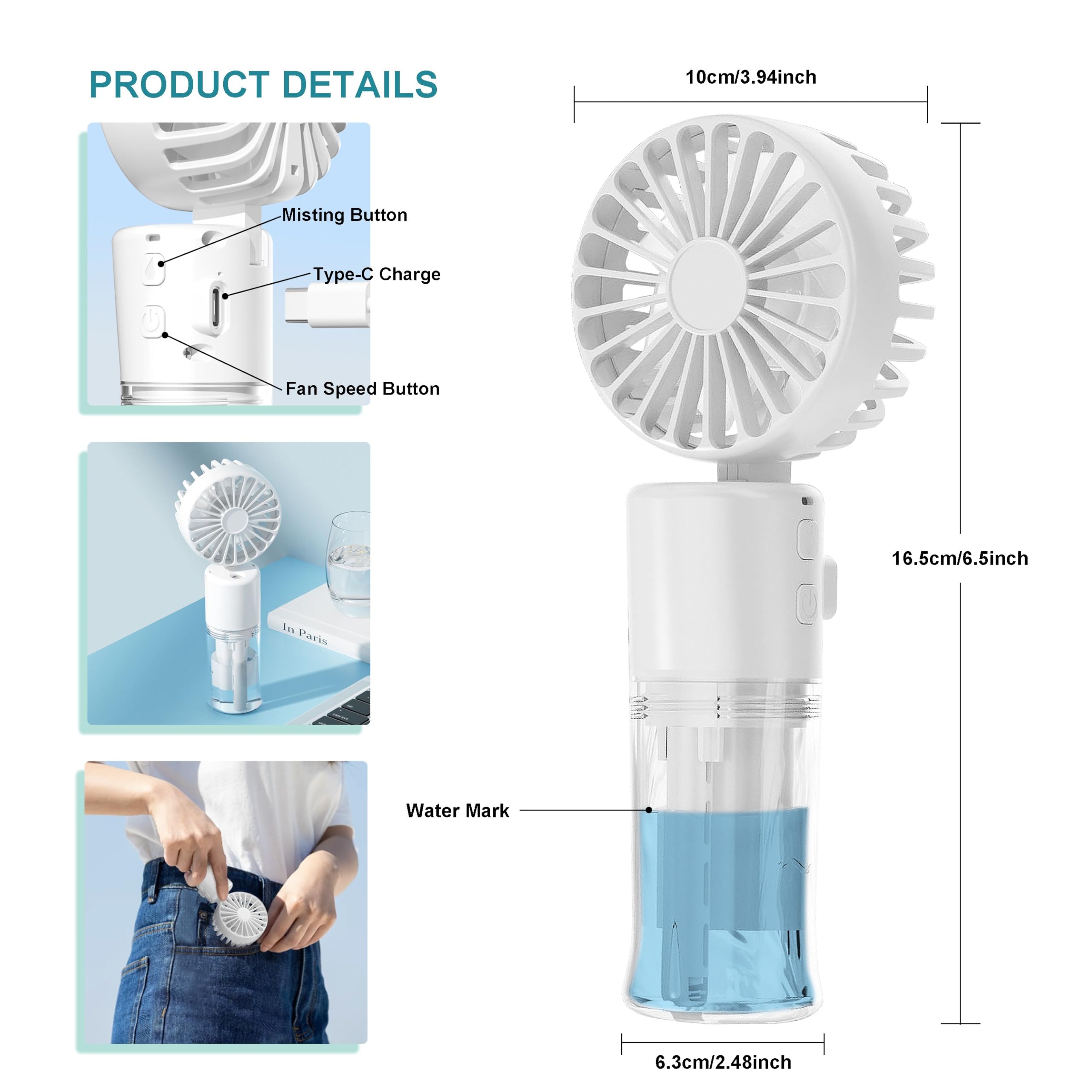 Frelisiy Handheld Misting Fan, Multi-Purpose For Portable Mini Mister Neck Fan, 1500Mah Desk Fan, 4 Speed Adjustable, Suitable F
