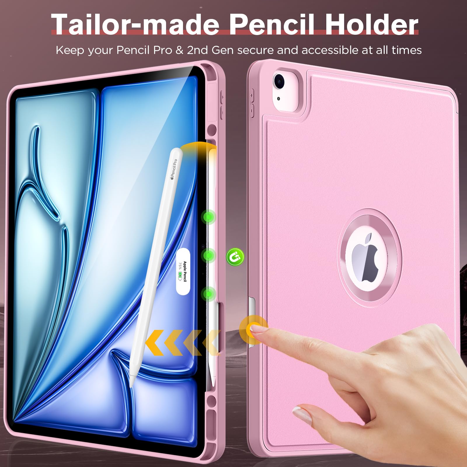 MoKo for iPad Air 13 Inch Case M2 2024/ iPad Pro 12.9 Case (6th/5th Gen 2022/2021) with Pencil Holder, Smart Protective Cover for iPad Air 13 inch with Back Trifold Stand, Auto Wake/Sleep, Light Pink