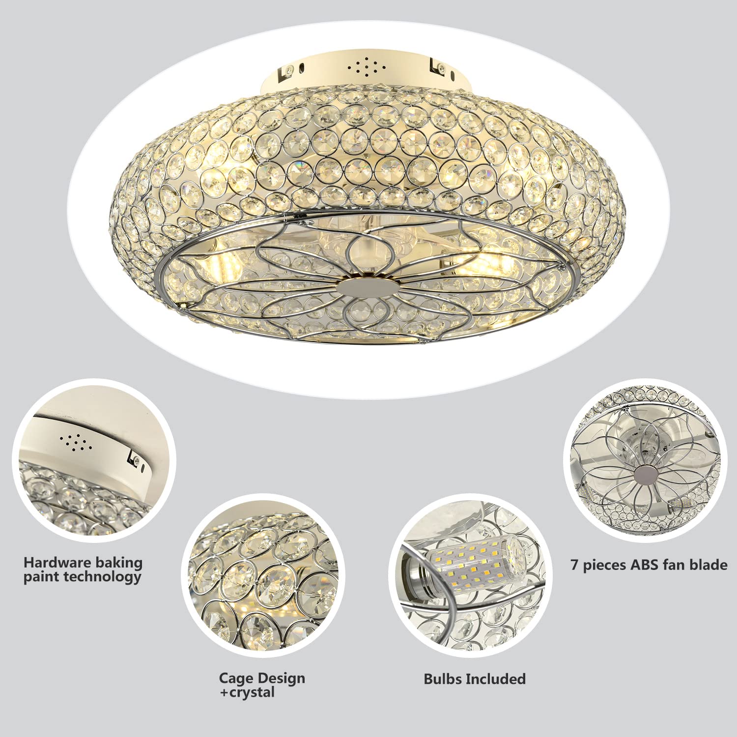 Xudom Caged Crystal Ceiling Fans With Lights And Remote,20'' Flush Mount Low Profile Ceiling Fan With Light,6 Speed Enclosed Cei