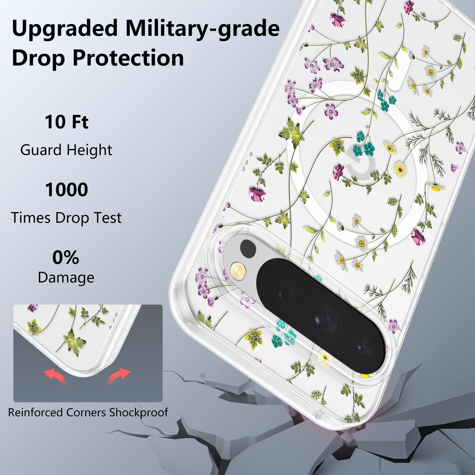 Raleavo For Google Pixel 9/9 Pro Case Compatible With Magsafe Clear Floral Cover With Flower Branch Pattern For Girls Women Slim