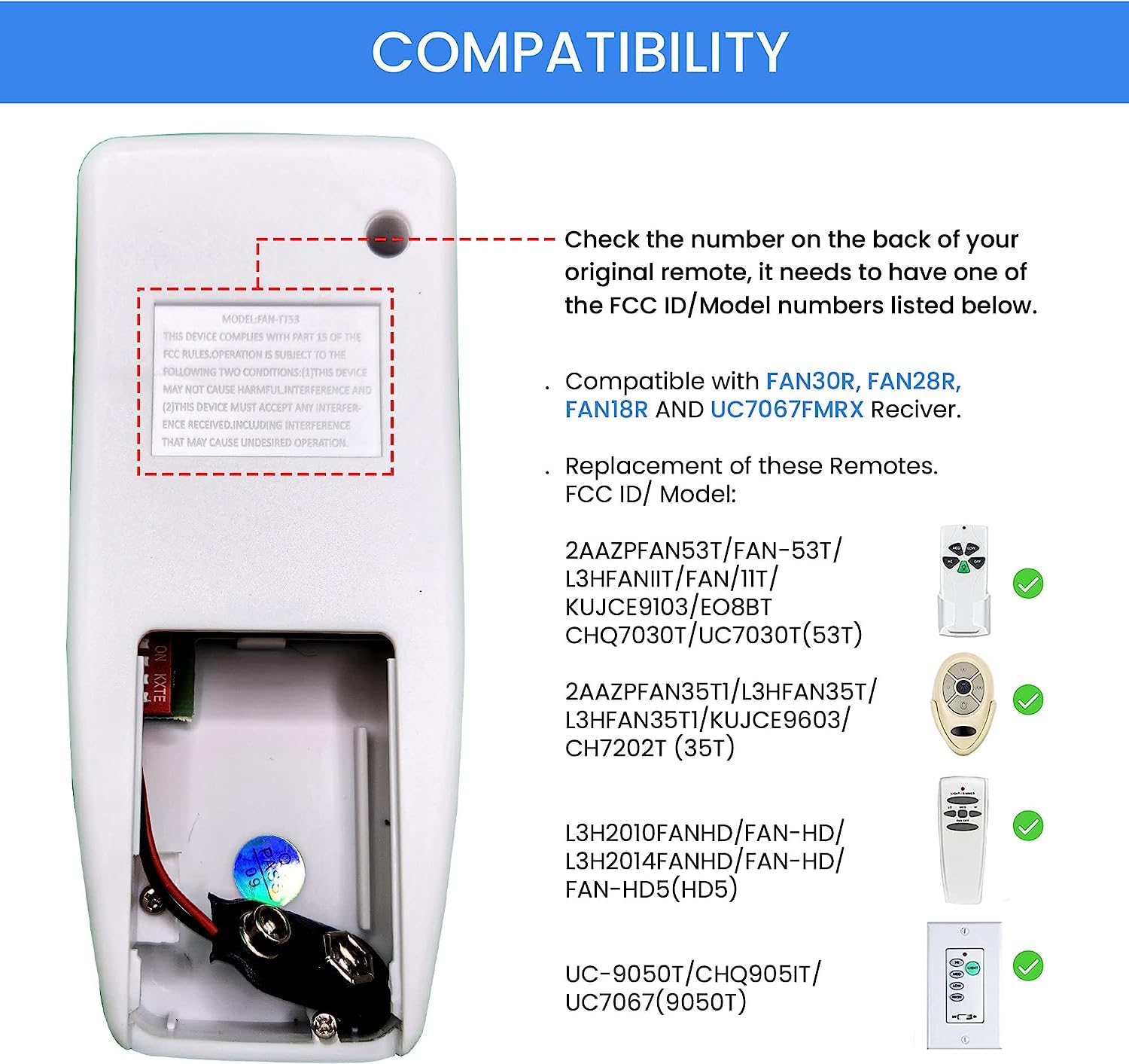 Ceiling Fan Remote Control Fan53T Replacement, Replace Transmitter L3Hfan11T L3Hfan35T1 Kujce9103 Chq8Bt7030T Chq7030T Uc7030T 2