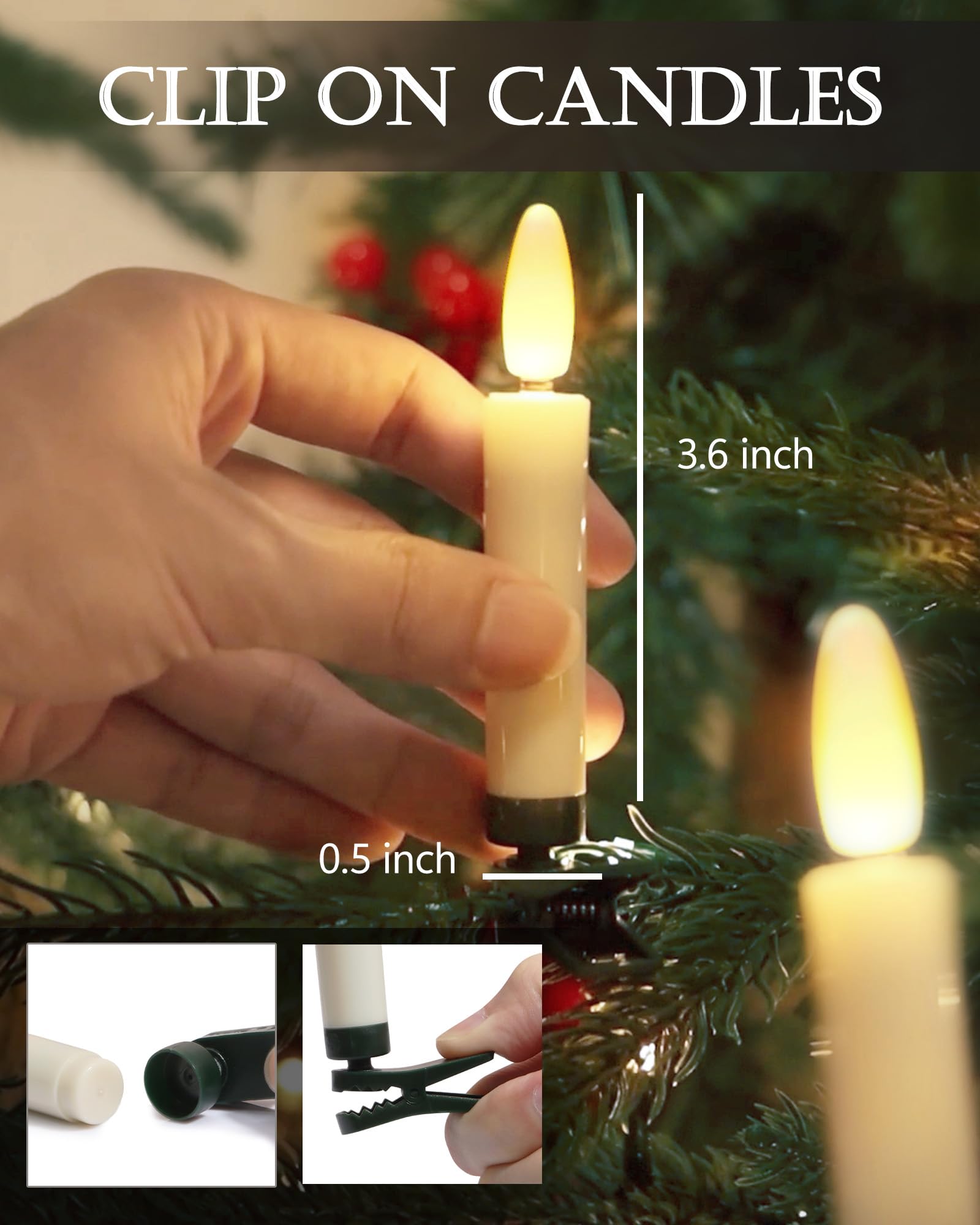 Fpoo 20 Pcs Christmas Tree Candles Lights Flickering,Clip On Candle Battery Operated Taper Candle Stick With Timer,Mini Flameles