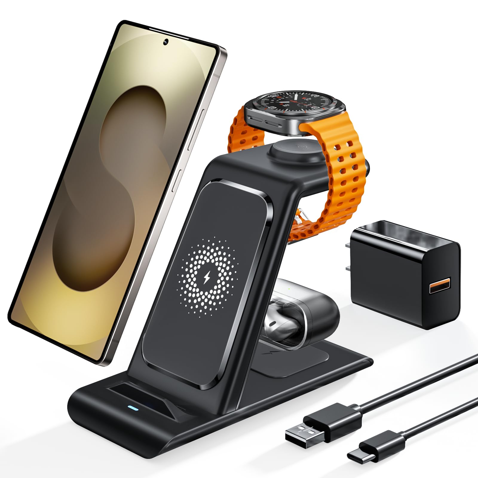 Wireless Charging Station for Samsung Wireless Charger Galaxy Watch 8/7/6/5/4/3 Active 2/1 Stand Galaxy S25 Ultra/S25/S24/S23/S2